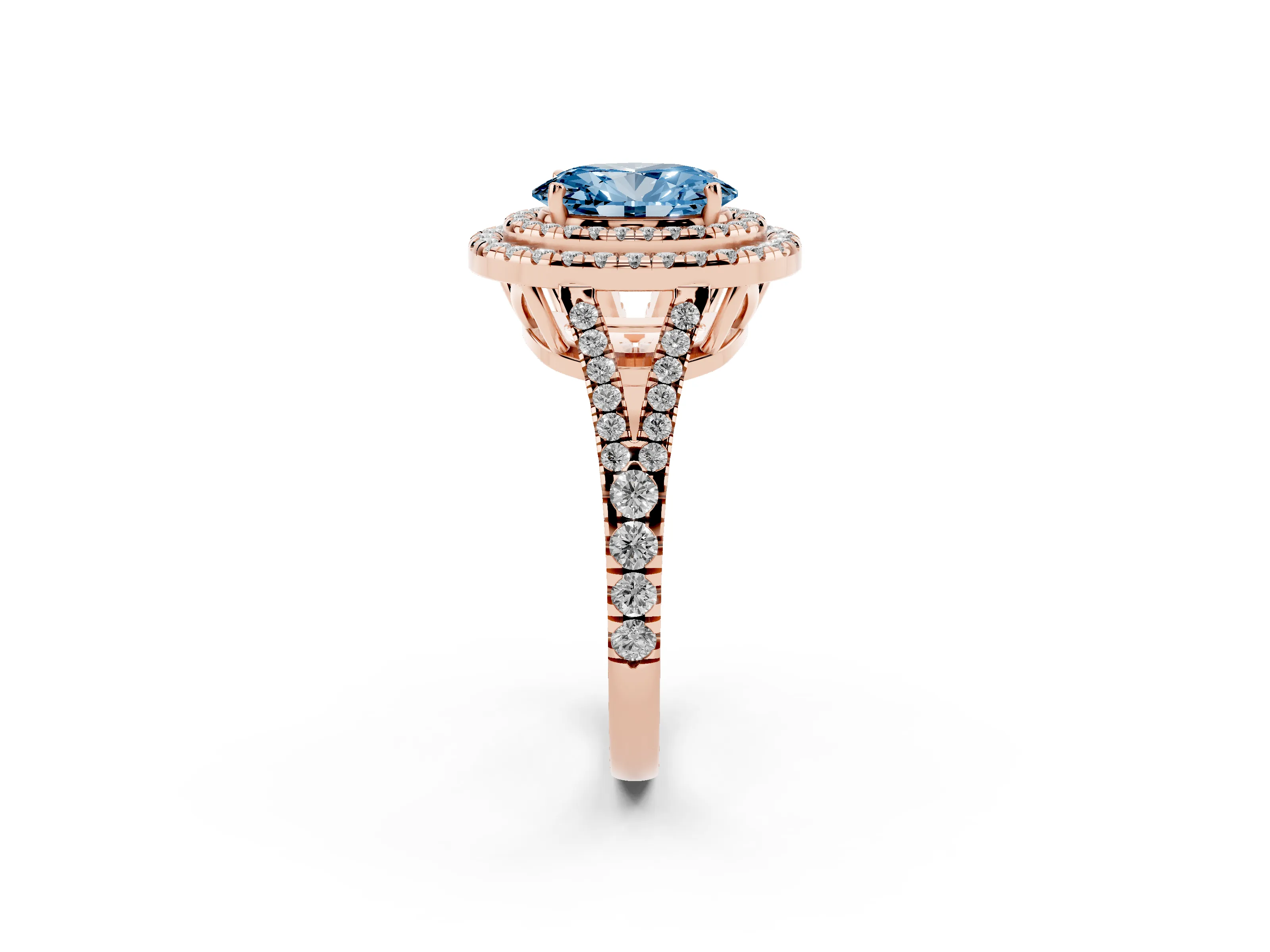 Fancy Blue Oval Cut Diamond Double Halo Ring Set in Rose gold with Pavé Band