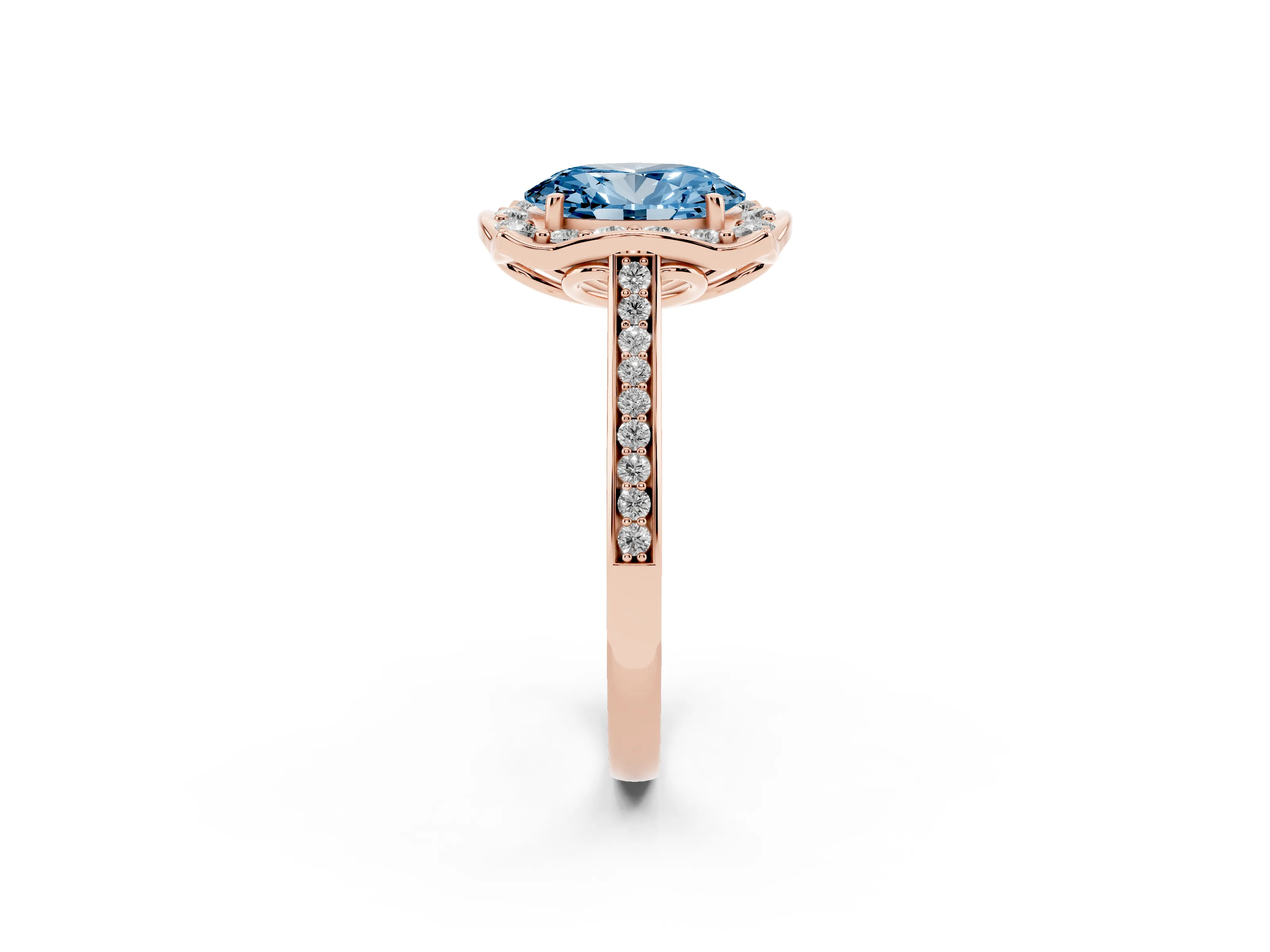 Fancy Blue Oval Cut Diamond Halo Ring Set in Rose gold with Pavé-Lined Shoulders and Prong Setting