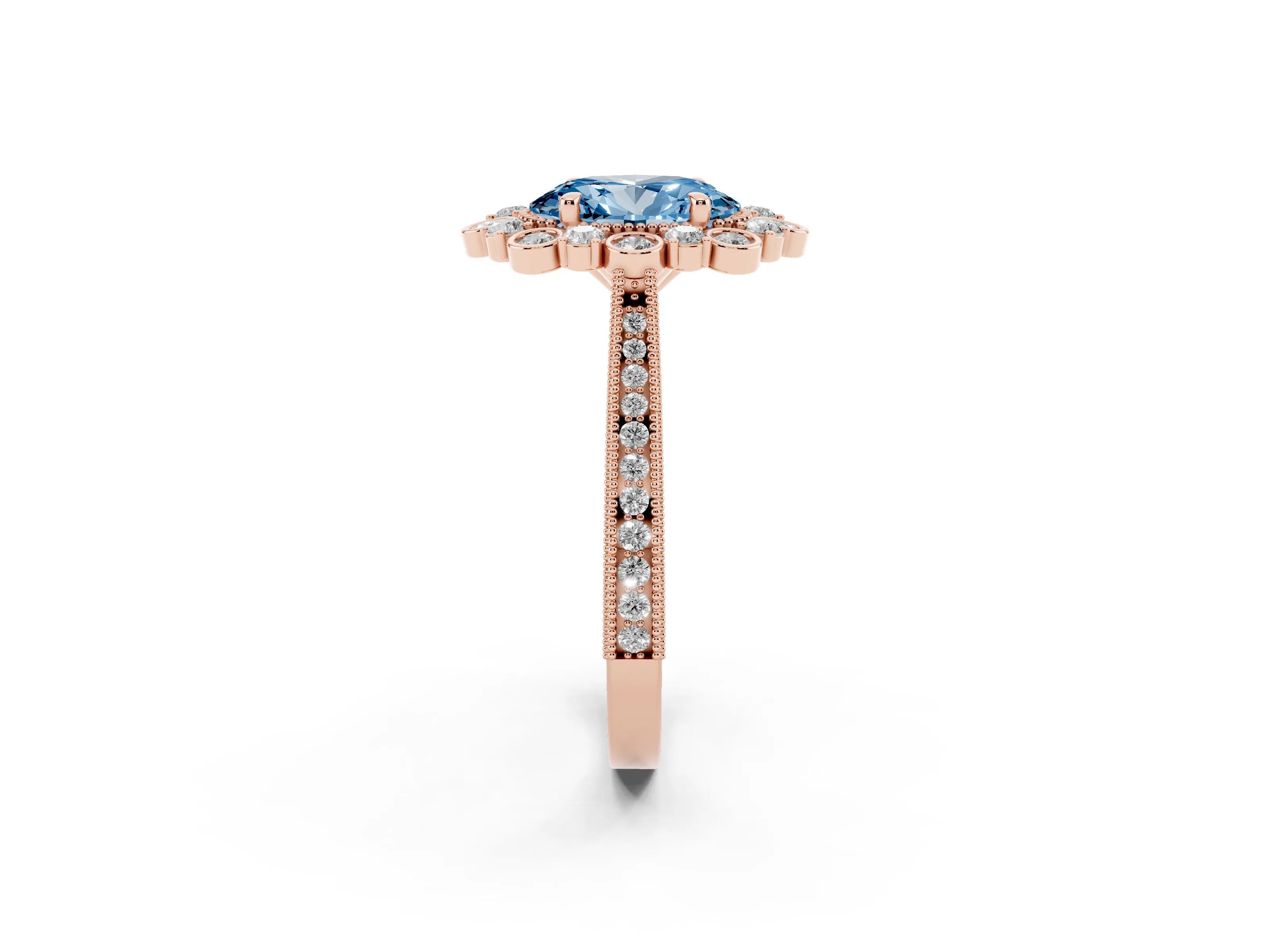 Fancy Blue Oval Cut Diamond Halo Milgrain Pavé Ring Set in Rose gold with Prong Setting