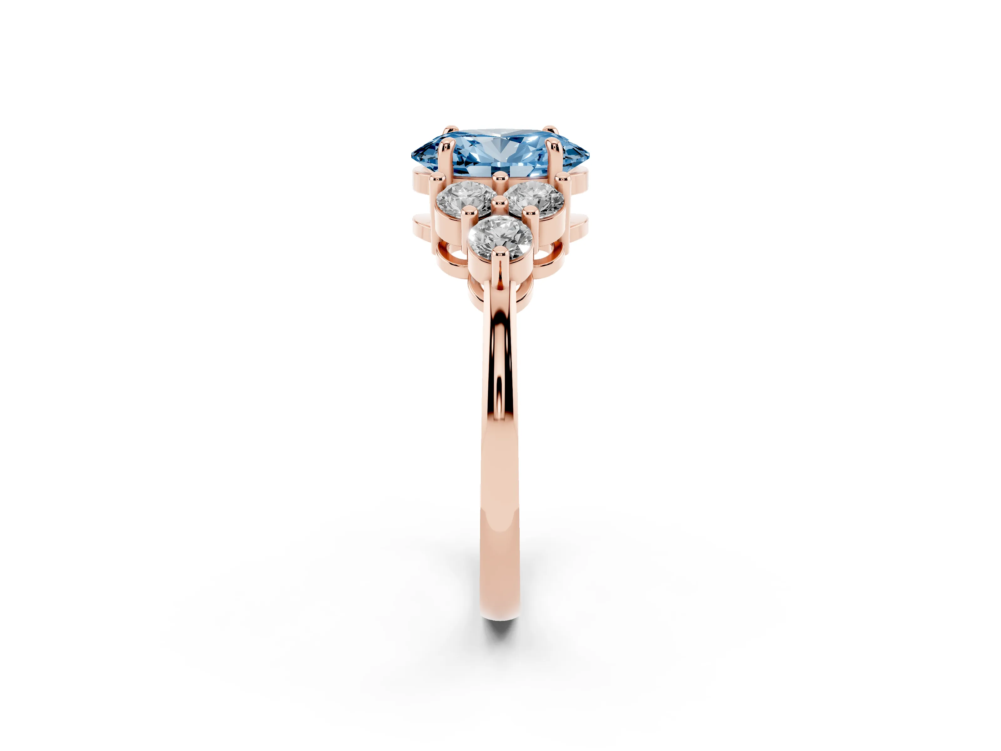 Fancy Blue Oval Cut Diamond Solitaire Ring Set in Rose gold with Cluster Accents on Each Side