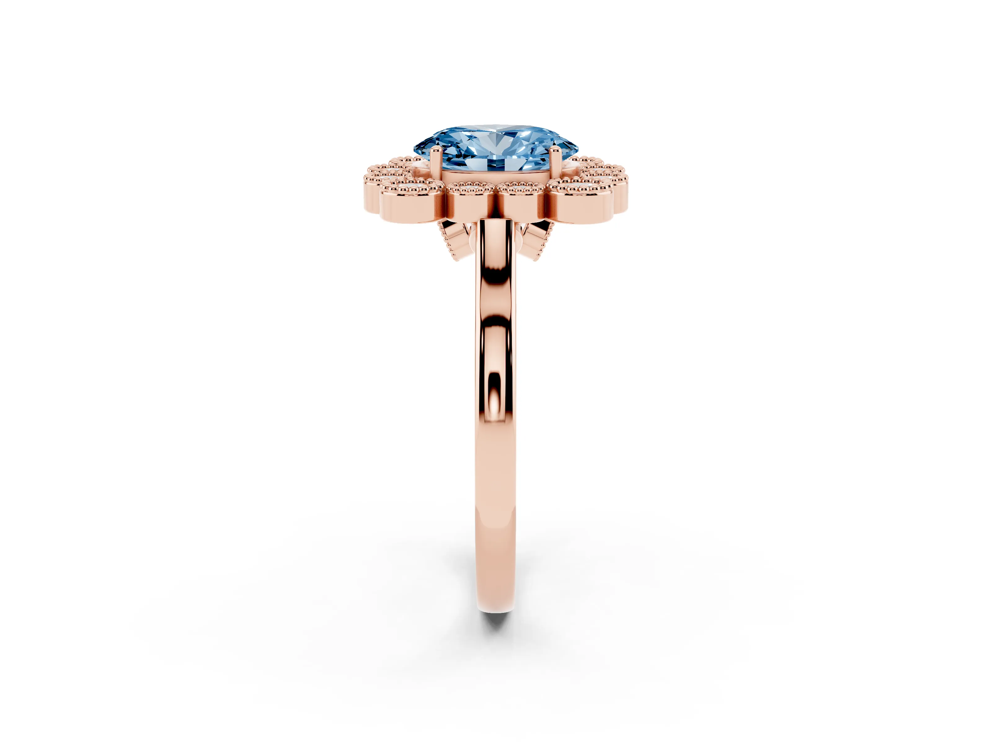 Fancy Blue Oval Cut Diamond Cluster Halo Ring Set in Rose gold with Milgrain Bezel Accents and Plain Band