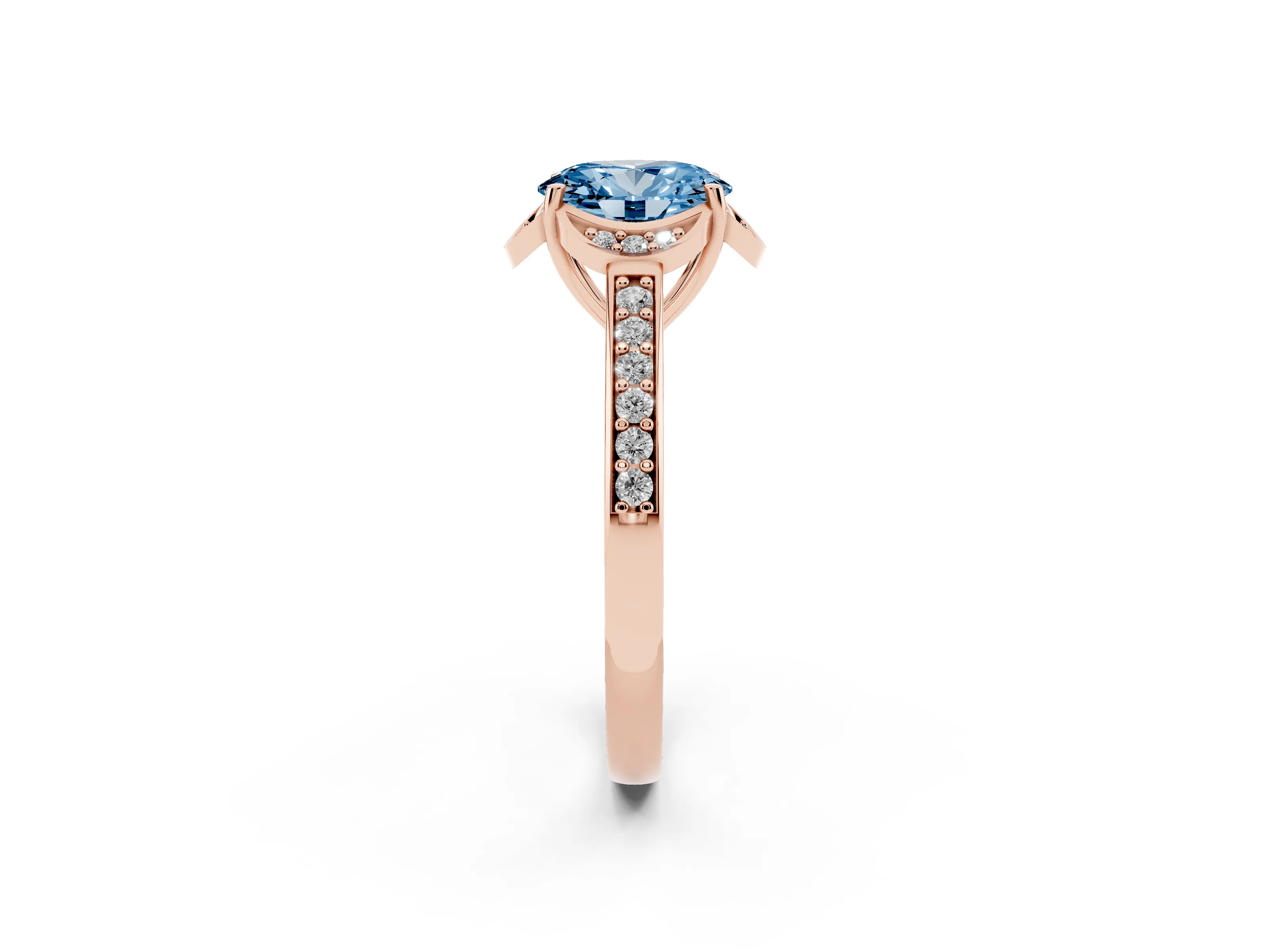 Fancy Blue Oval Cut Diamond Halo Ring Set in Rose gold with Channel Set Band and Prong Setting