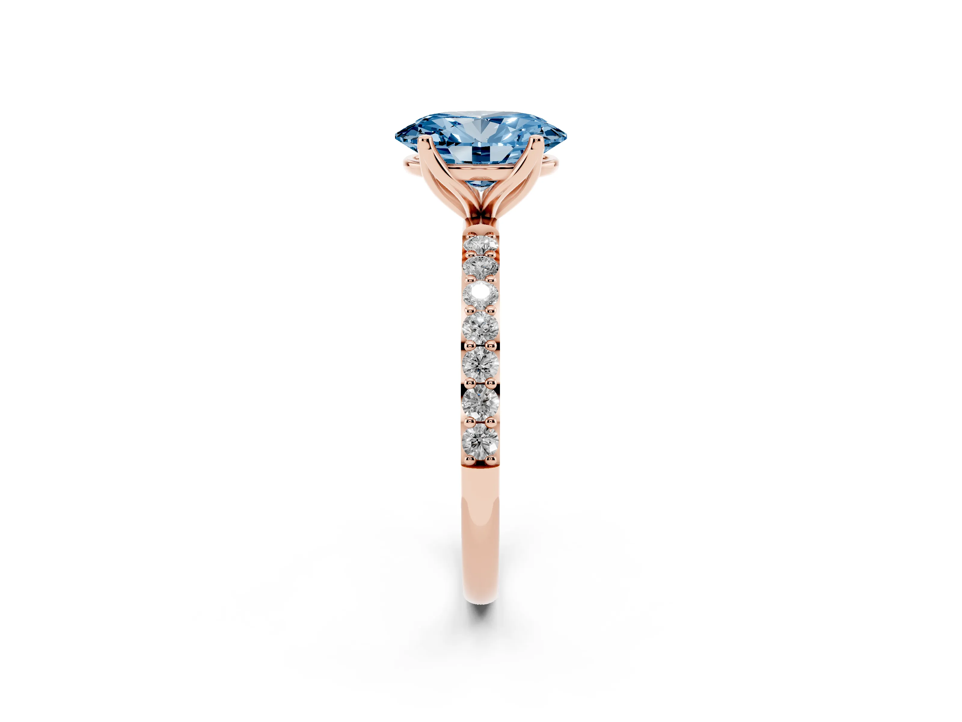 Fancy Blue Oval Cut Diamond Solitaire Engagement Ring Set in Rose gold with Round Pavé Band and Prong Setting