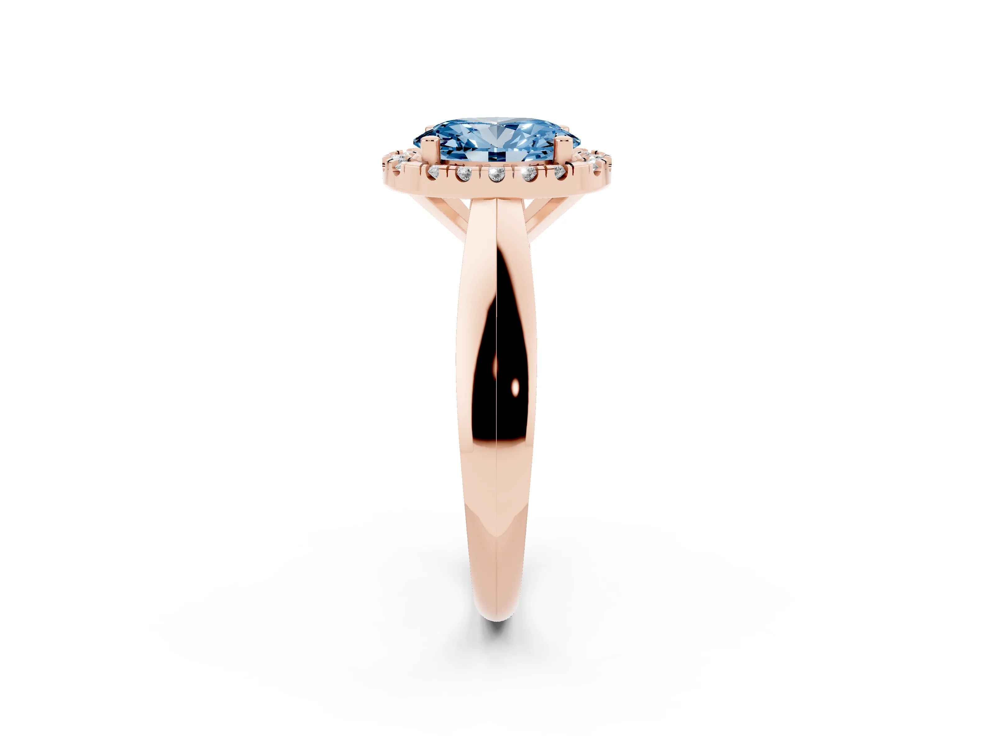 Fancy Blue Oval Cut Diamond Halo Solitaire Engagement Ring Set in Rose gold with Square Band and Prong Setting
