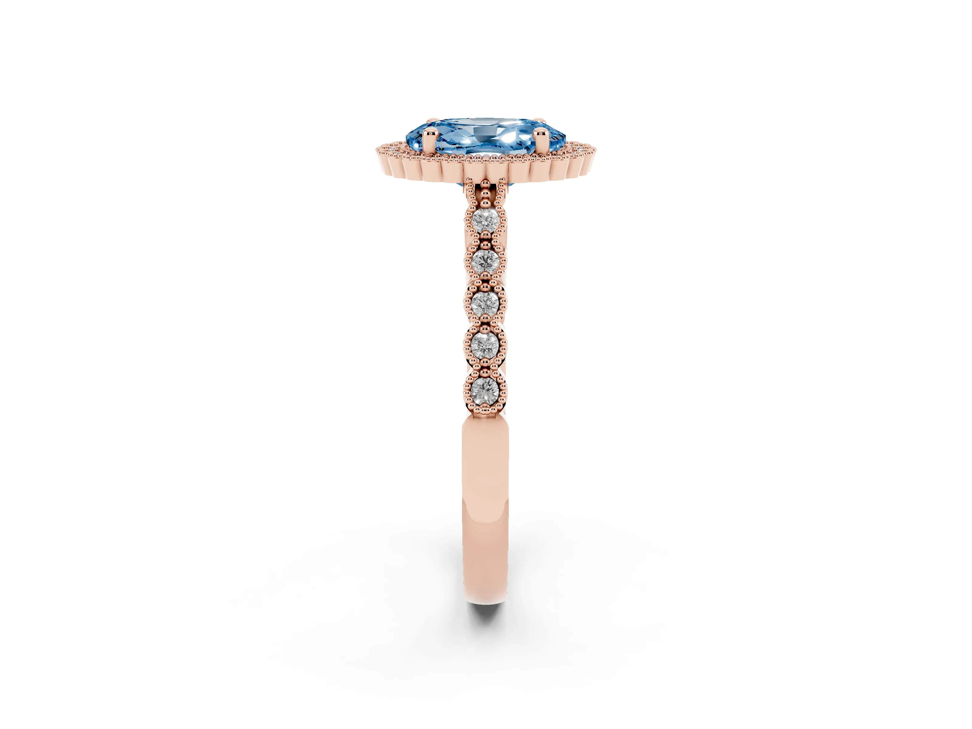 Fancy Blue Oval Cut Diamond Halo Ring Set in Rose gold with Pavé Milgrain Band