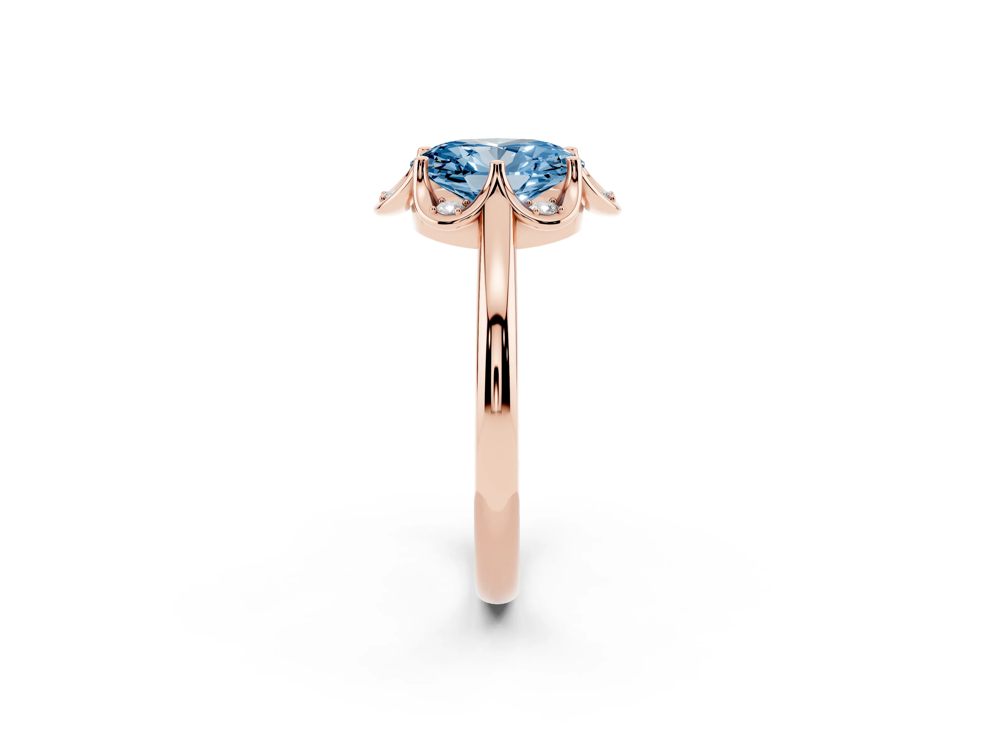 Fancy Blue Oval Cut Diamond Round Cluster Halo Ring Set in Rose gold with Solitaire Band and Prong Setting