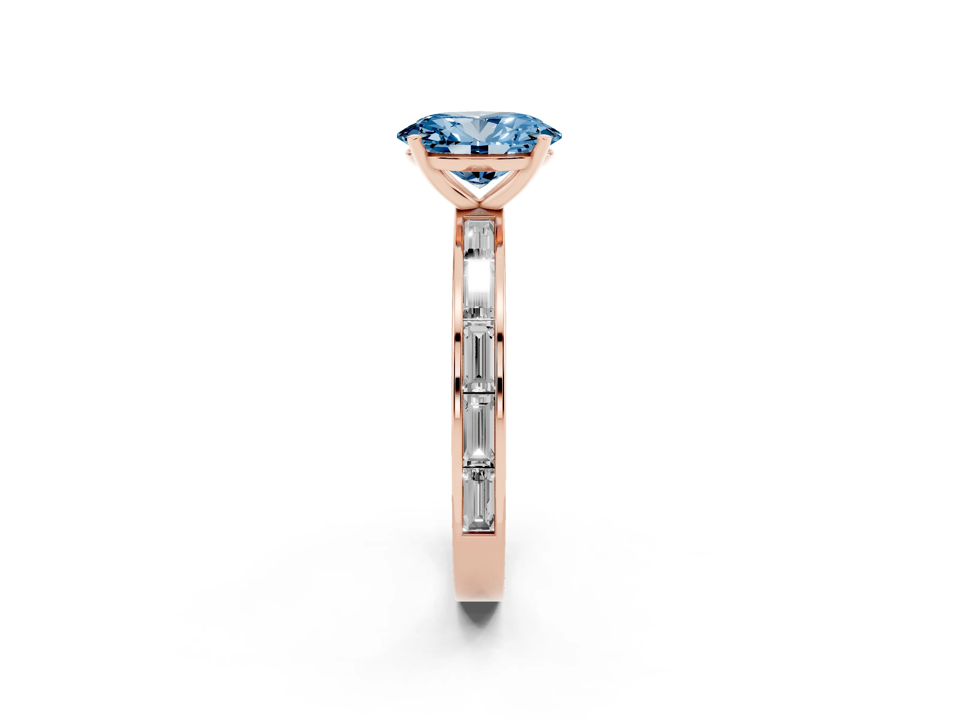 Fancy Blue Oval Cut Diamond Solitaire Ring Set in Rose gold with Channel-Set Baguette Band and Prong Setting