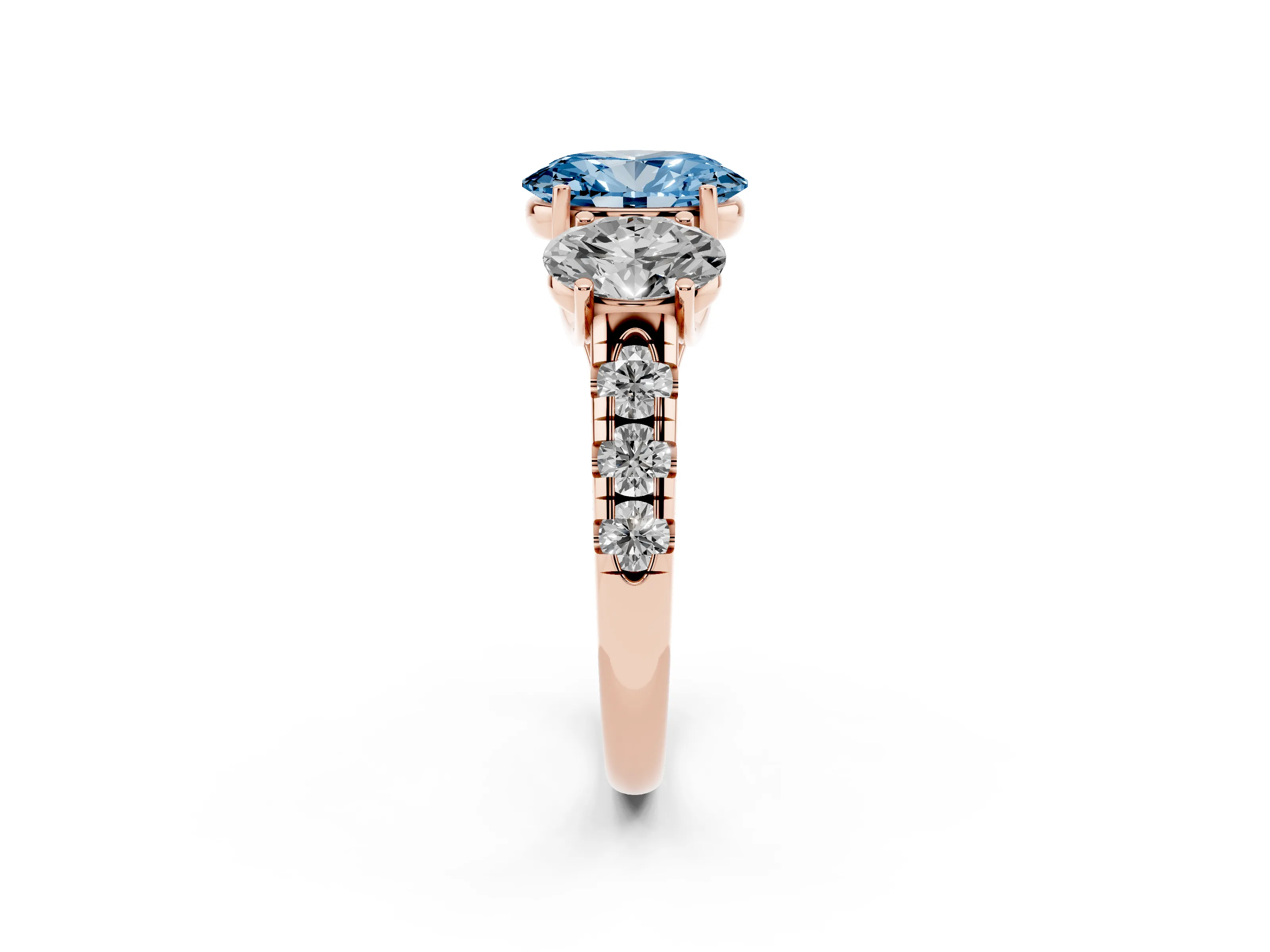 Fancy Blue Oval Cut Diamond Three-Stone Ring Set in Rose gold with Pavé Band