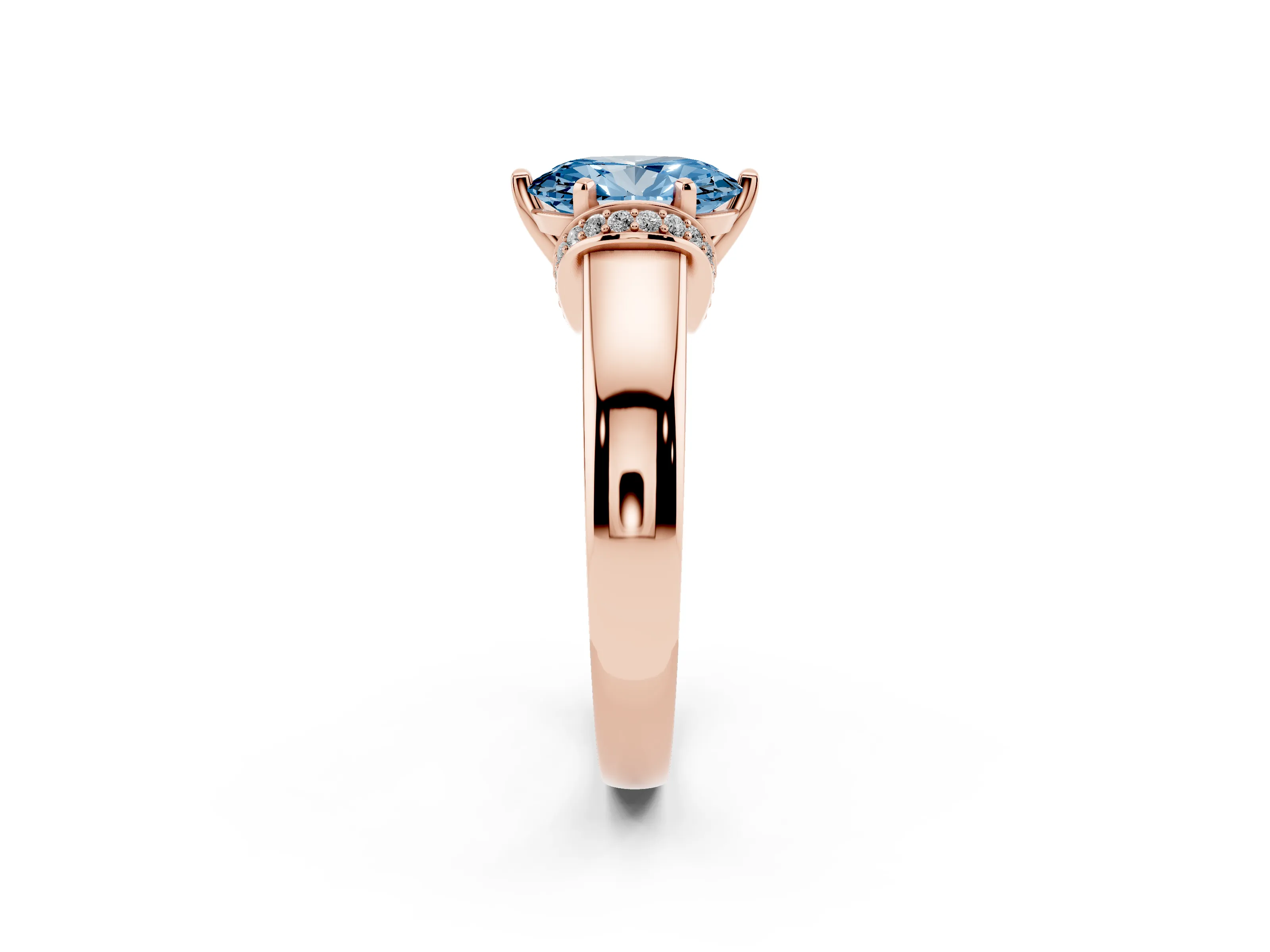 Fancy Blue Oval Cut Diamond Pavé Band Solitaire Ring Set in Rose gold with Prong Setting