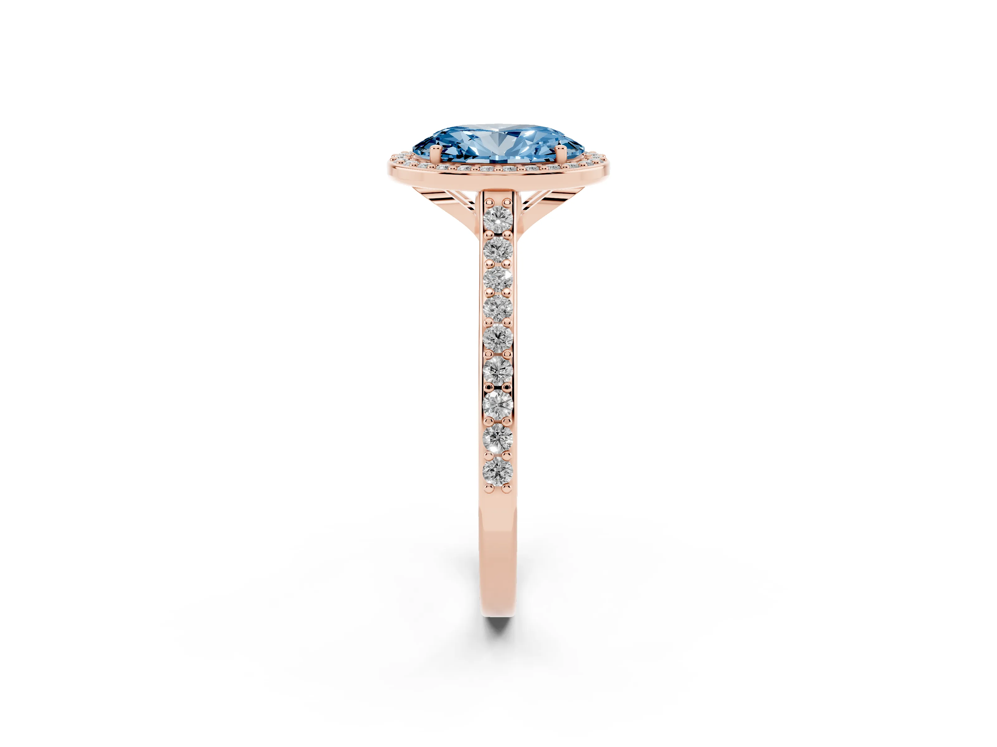 Fancy Blue Oval Cut Diamond Halo Engagement Ring Set in Rose gold with Round Pavé Shoulders and Heart Gallery