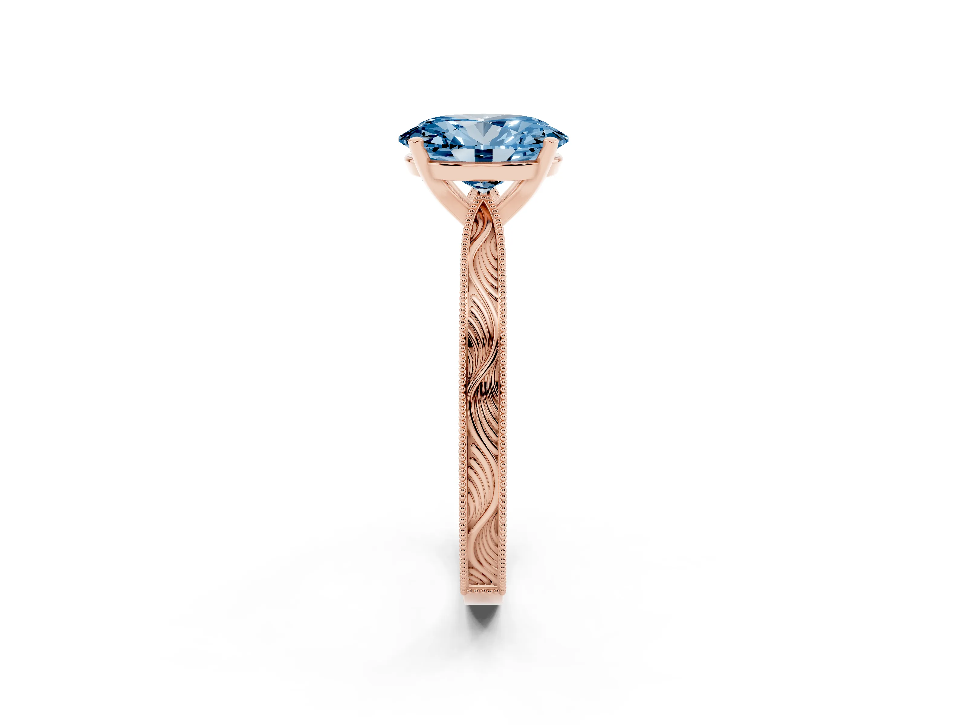 Fancy Blue Oval Cut Diamond Solitaire Milgrain Engraved Band Set in Rose gold with Prong Setting