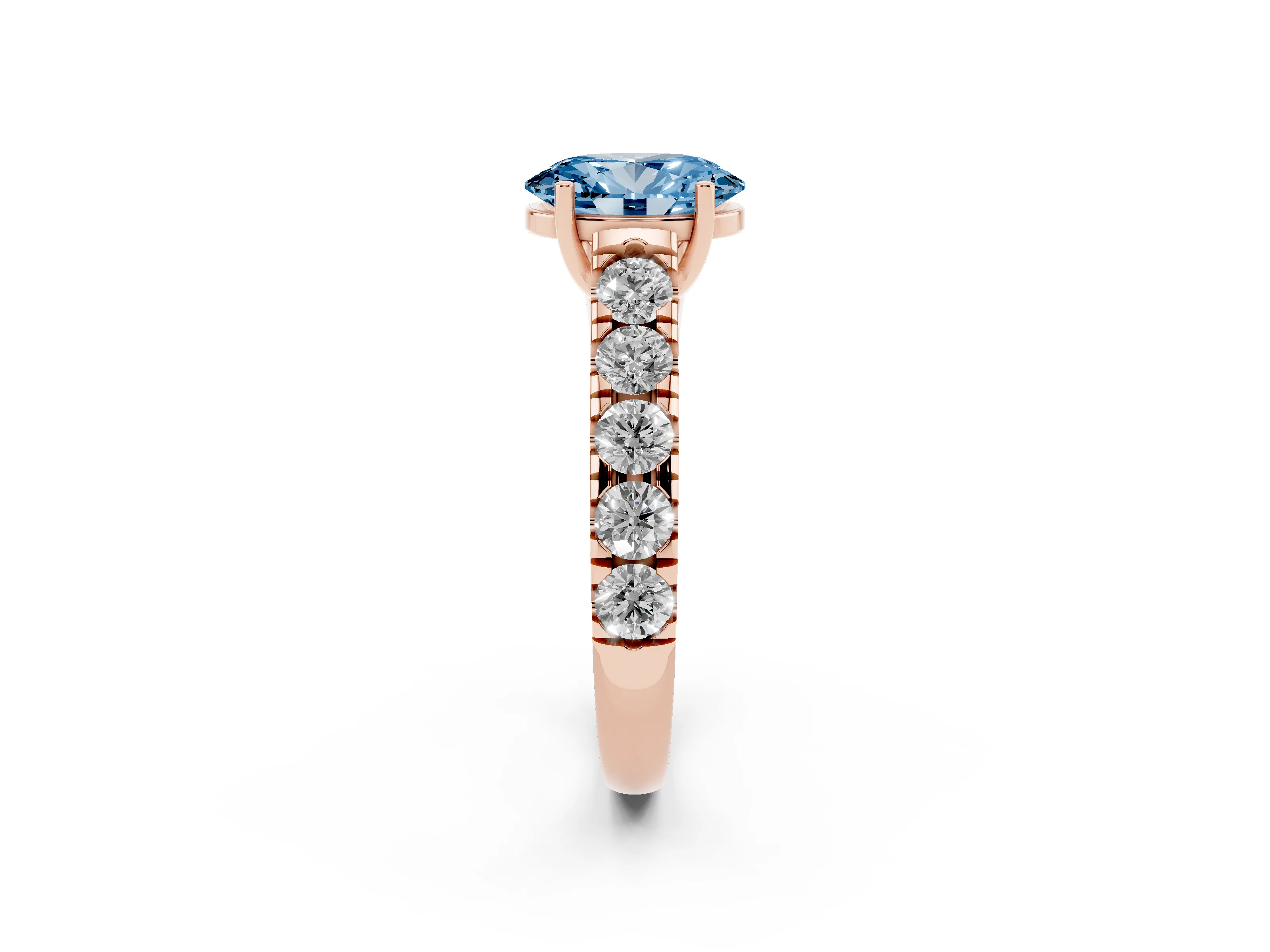 Fancy Blue Oval Cut Diamond Solitaire Ring Set in Rose gold with Cut-Down Micro Pavé Band and Prong Setting