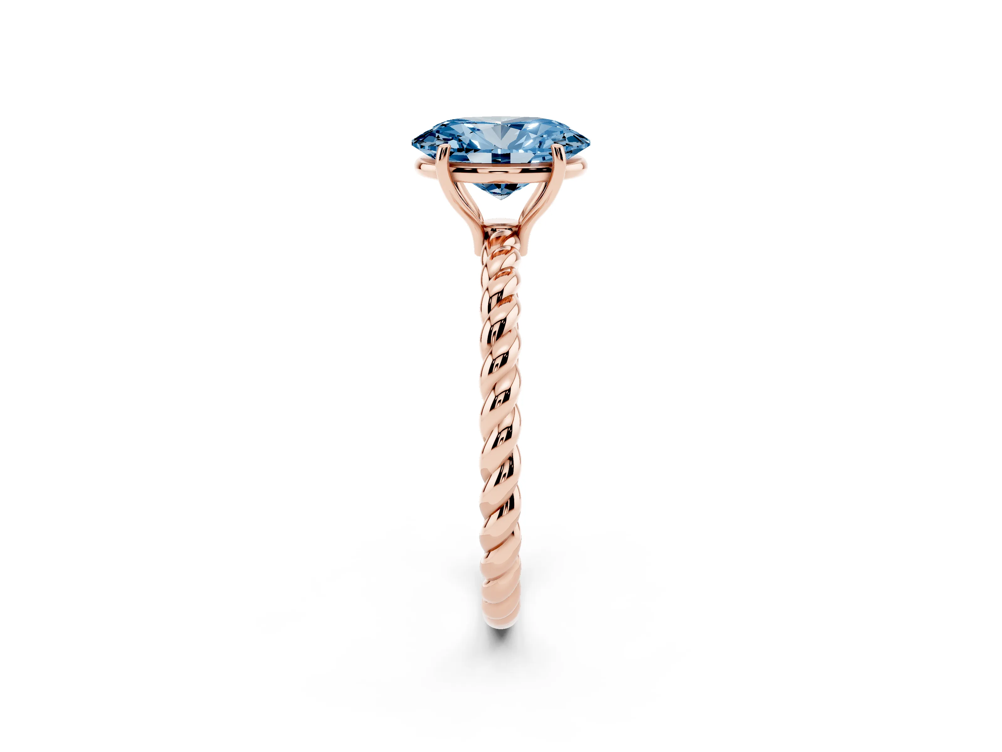 Fancy Blue Oval Cut Diamond Solitaire Ring Set in Rose gold with Twist Band and Prong Setting