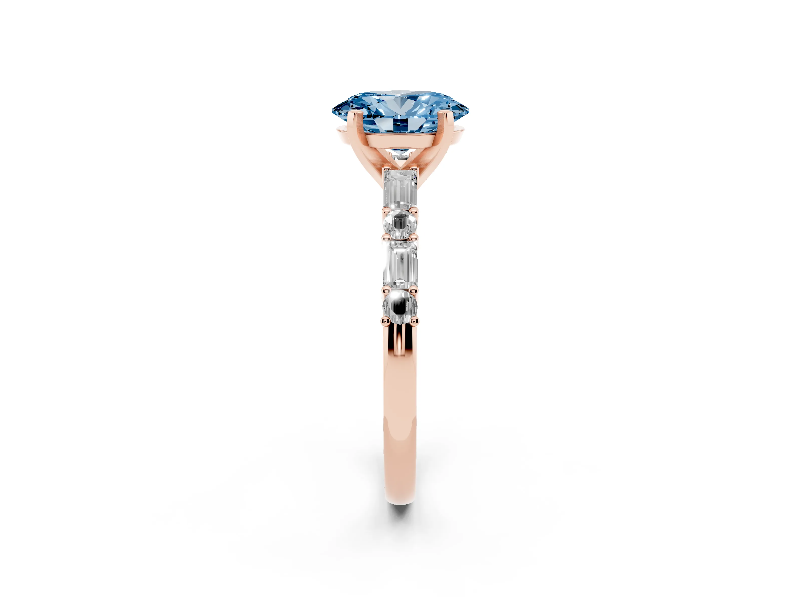 Fancy Blue Oval Cut Diamond Solitaire Set in Rose gold with Side Baguettes and Channel Set Band