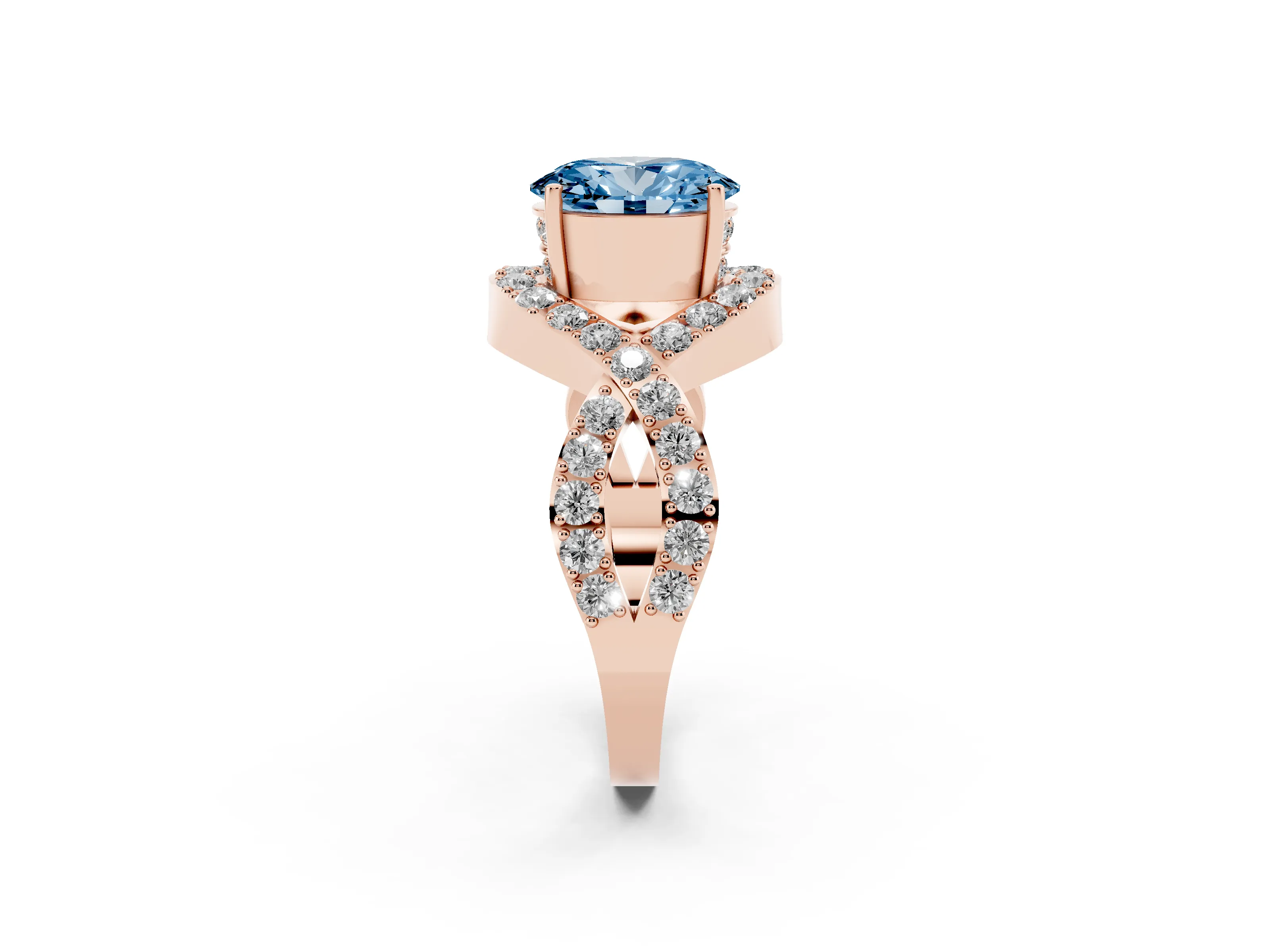 Fancy Blue Oval Cut Diamond Solitaire Twist Band Pavé Engagement Ring Set in Rose gold
