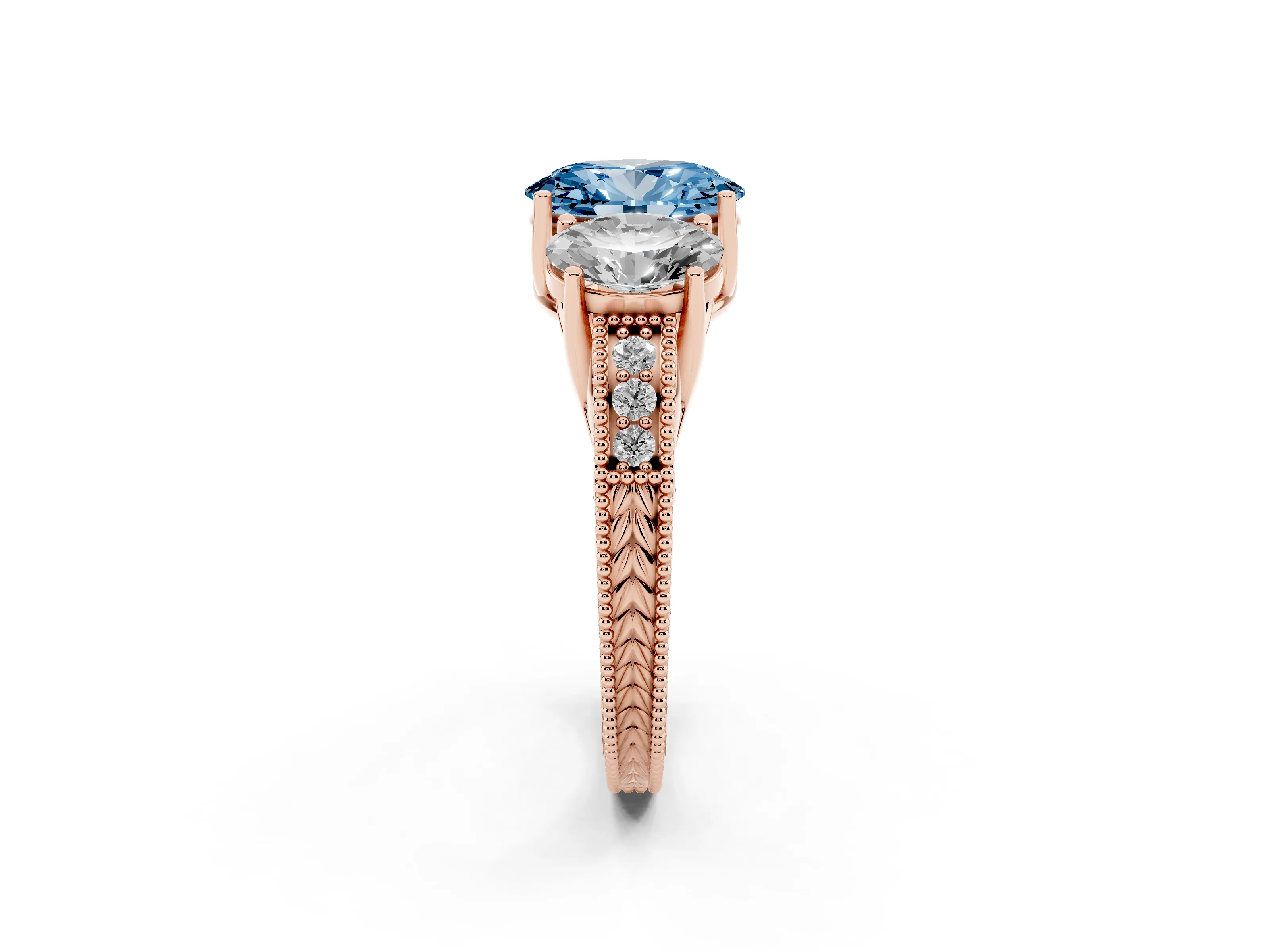 Fancy Blue Oval Cut Diamond Three-Stone Engagement Ring Set in Rose gold with Milgrain Pavé Band