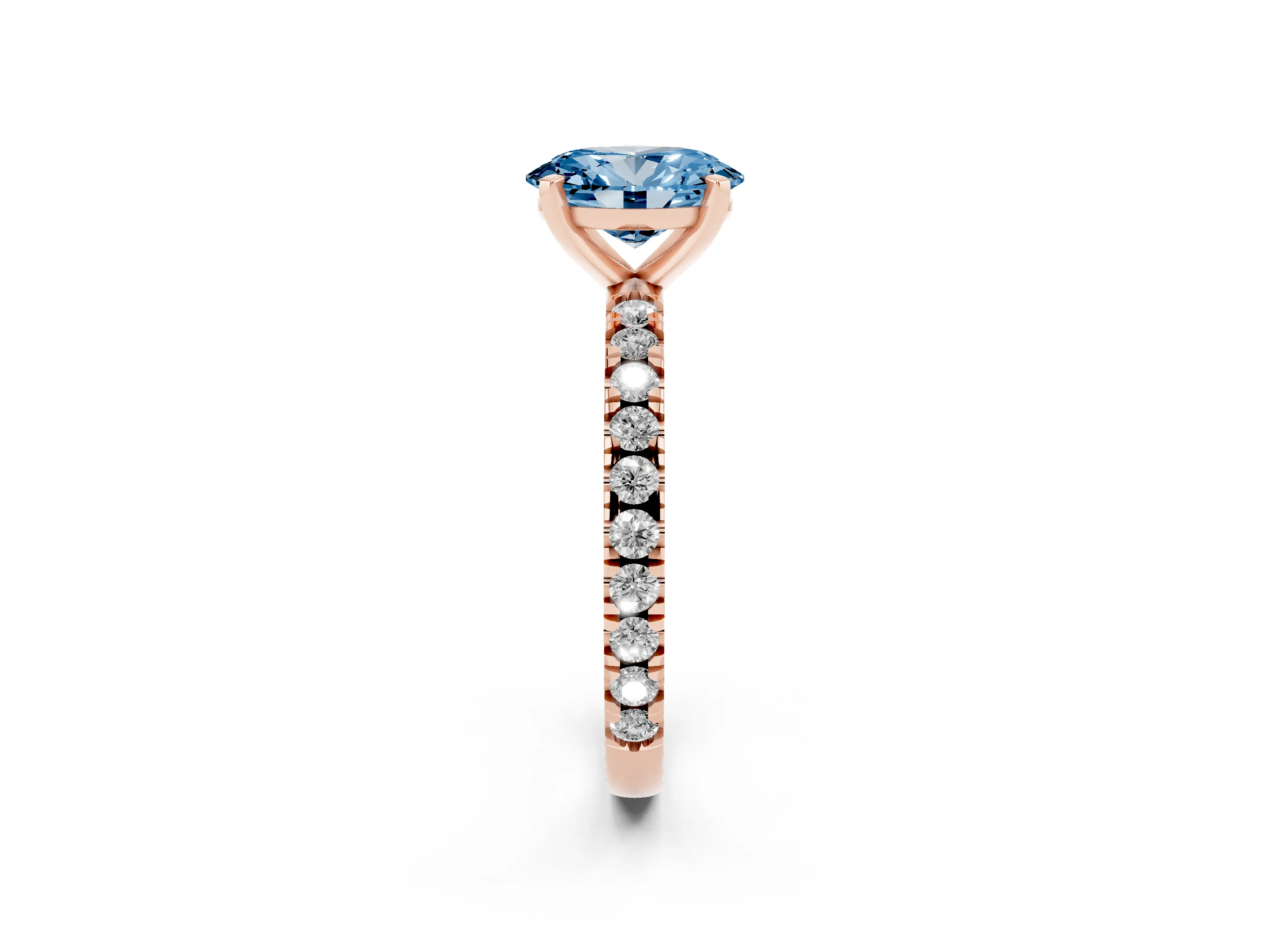 Fancy Blue Oval Cut Diamond Pavé Band Solitaire Set in Rose gold with Prong Setting