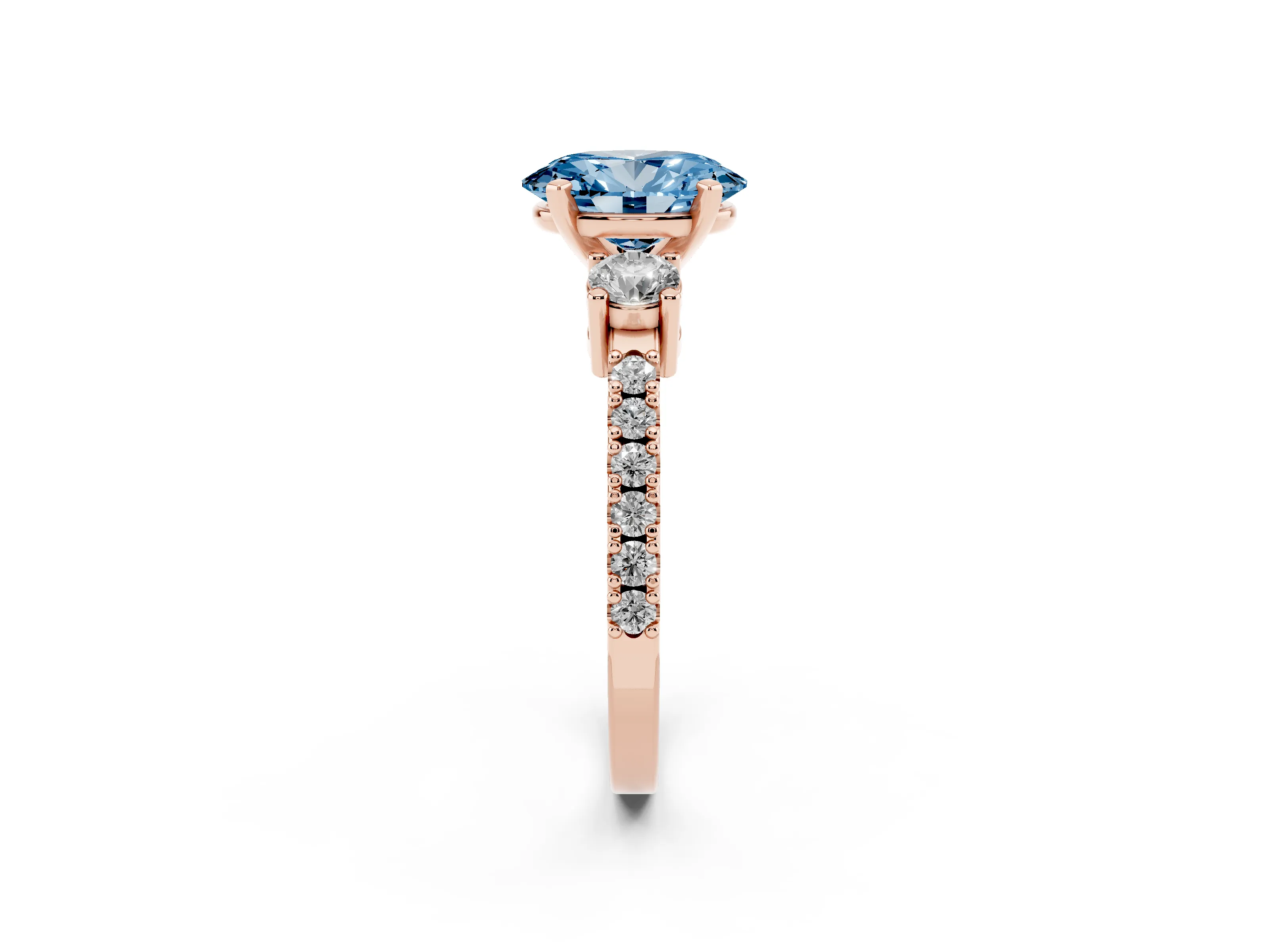 Fancy Blue Three-Stone Oval Cut Diamond Pavé Band Ring Set in Rose gold with Prong Setting