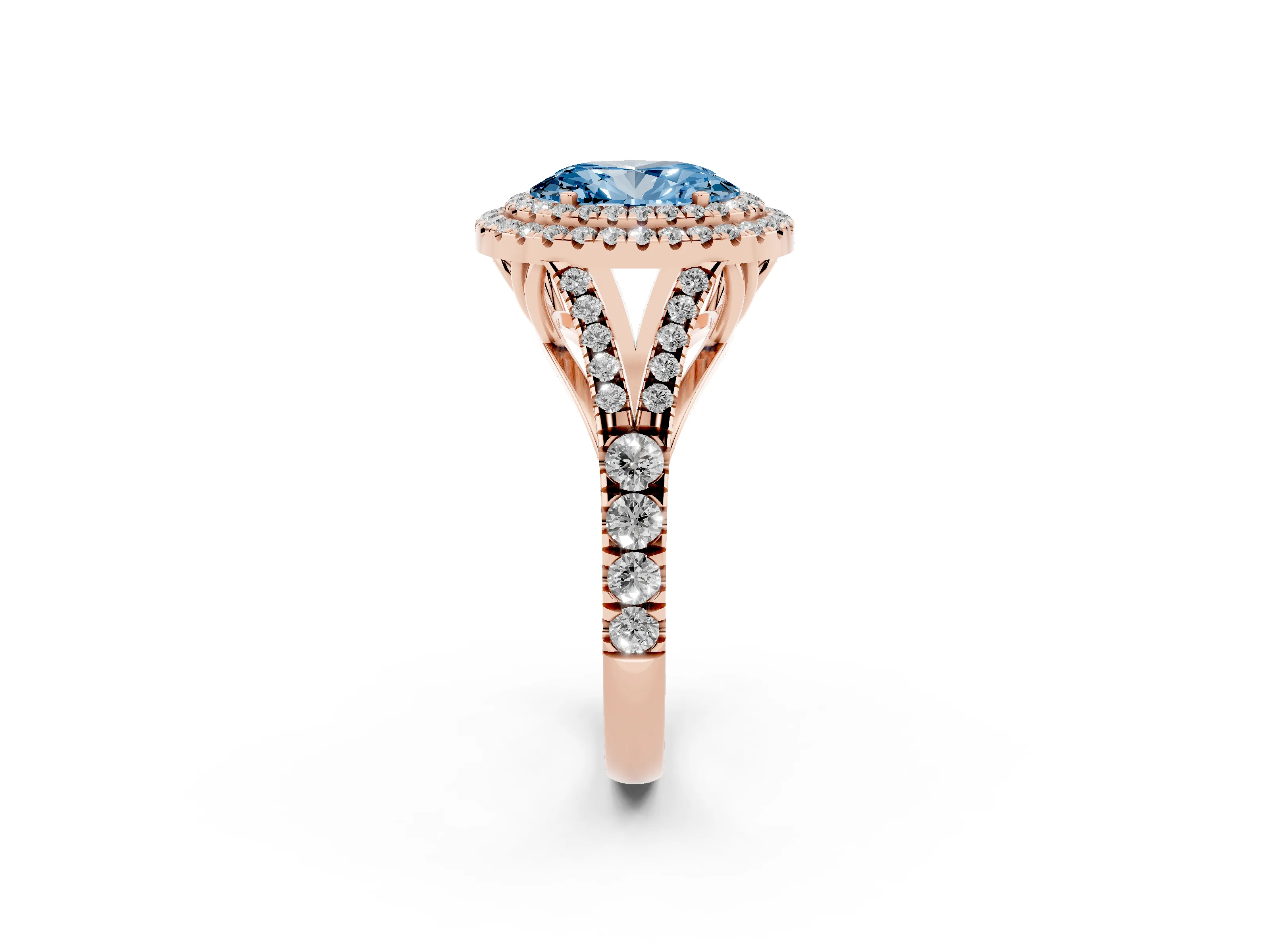Fancy Blue Oval Cut Diamond Pavé Split Shank Double Halo Engagement Ring Set in Rose gold