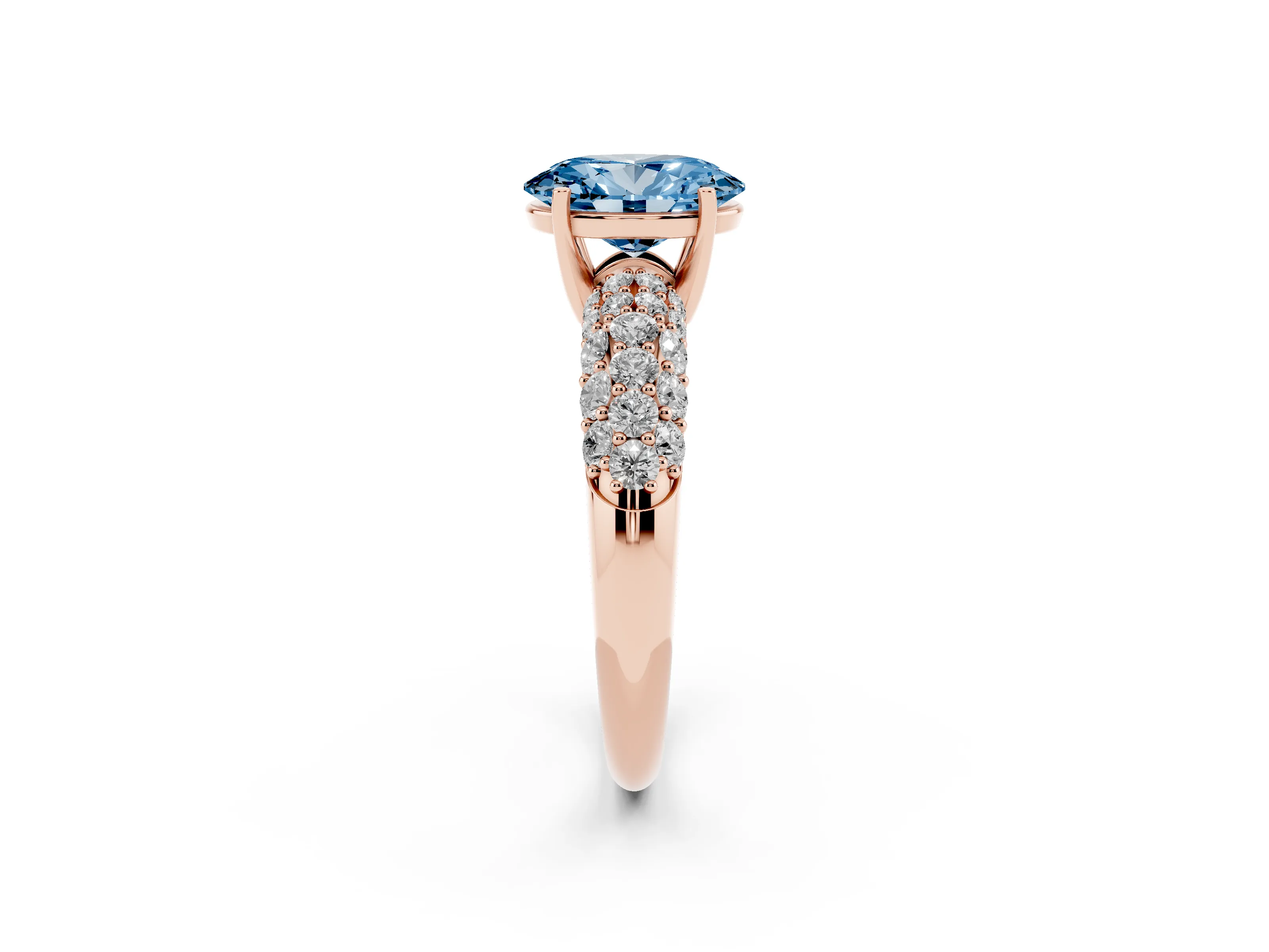 Fancy Blue Oval Cut Diamond Pavé Band Solitaire Ring Set in Rose gold with Close-Set Accent Stones and Prong Setting