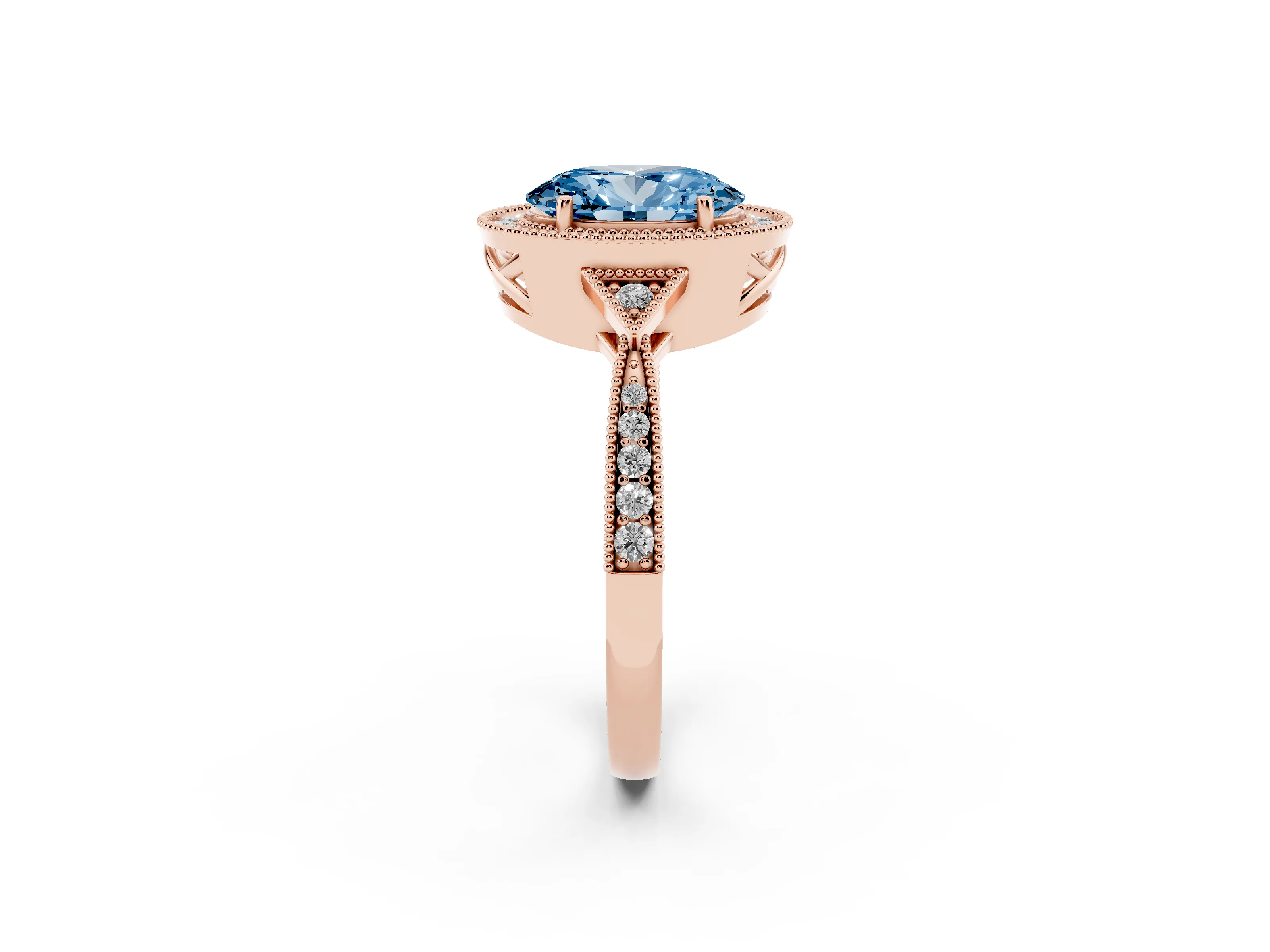 Fancy Blue Oval Cut Diamond Halo Engagement Ring Set in Rose gold with Milgrain Pavé Band