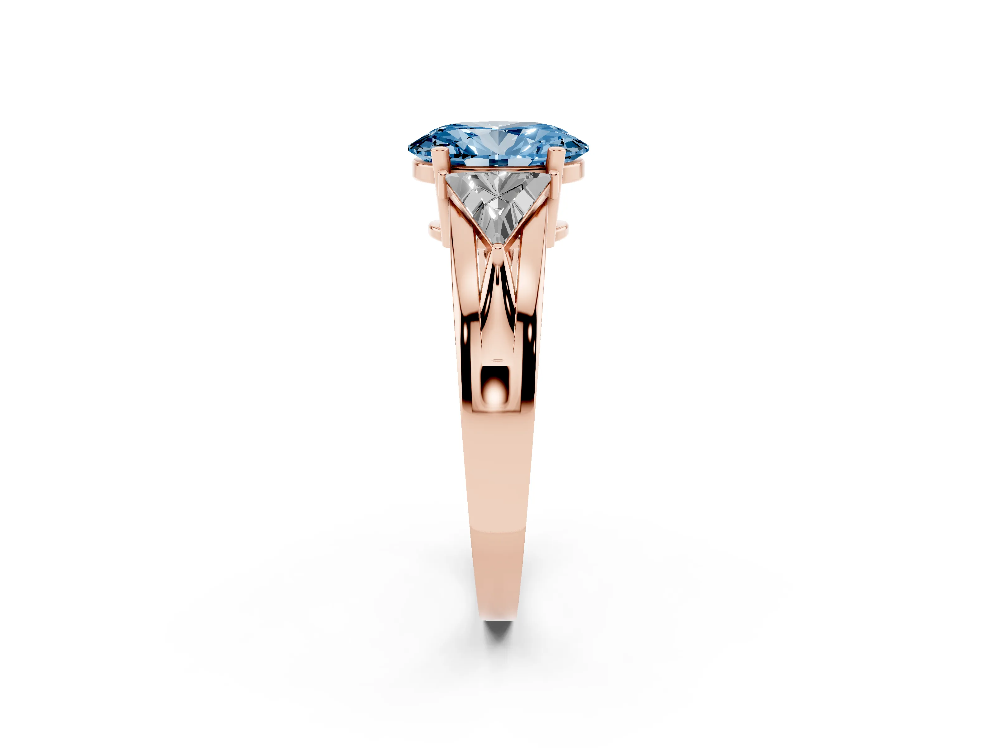 Fancy Blue Oval Cut Diamond Three-Stone Ring Set in Rose gold with Trillion Side Stones and Split Shank