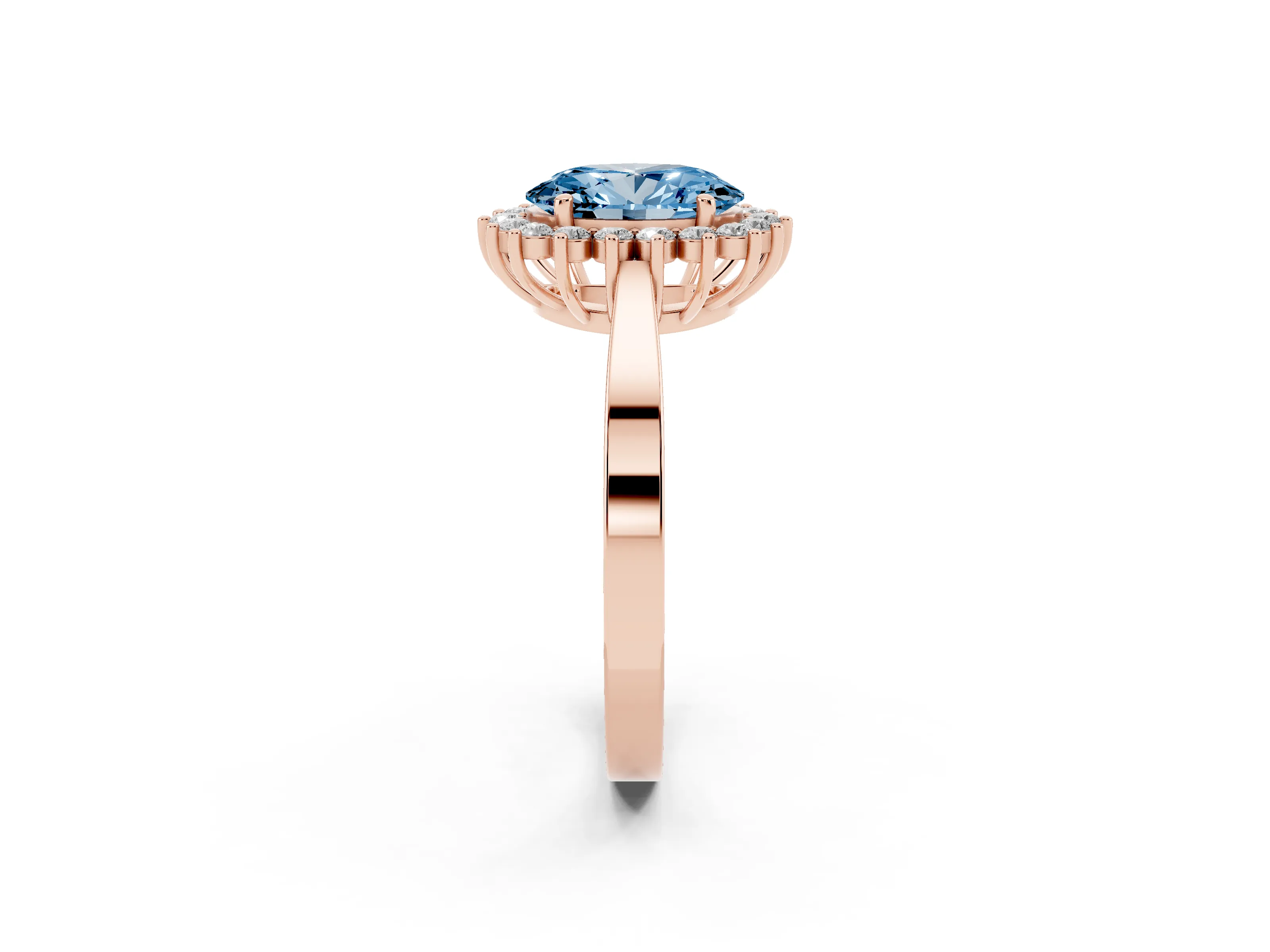 Fancy Blue Oval Cut Diamond Halo Ring Set in Rose gold with Round Halo and Smooth Solitaire Band