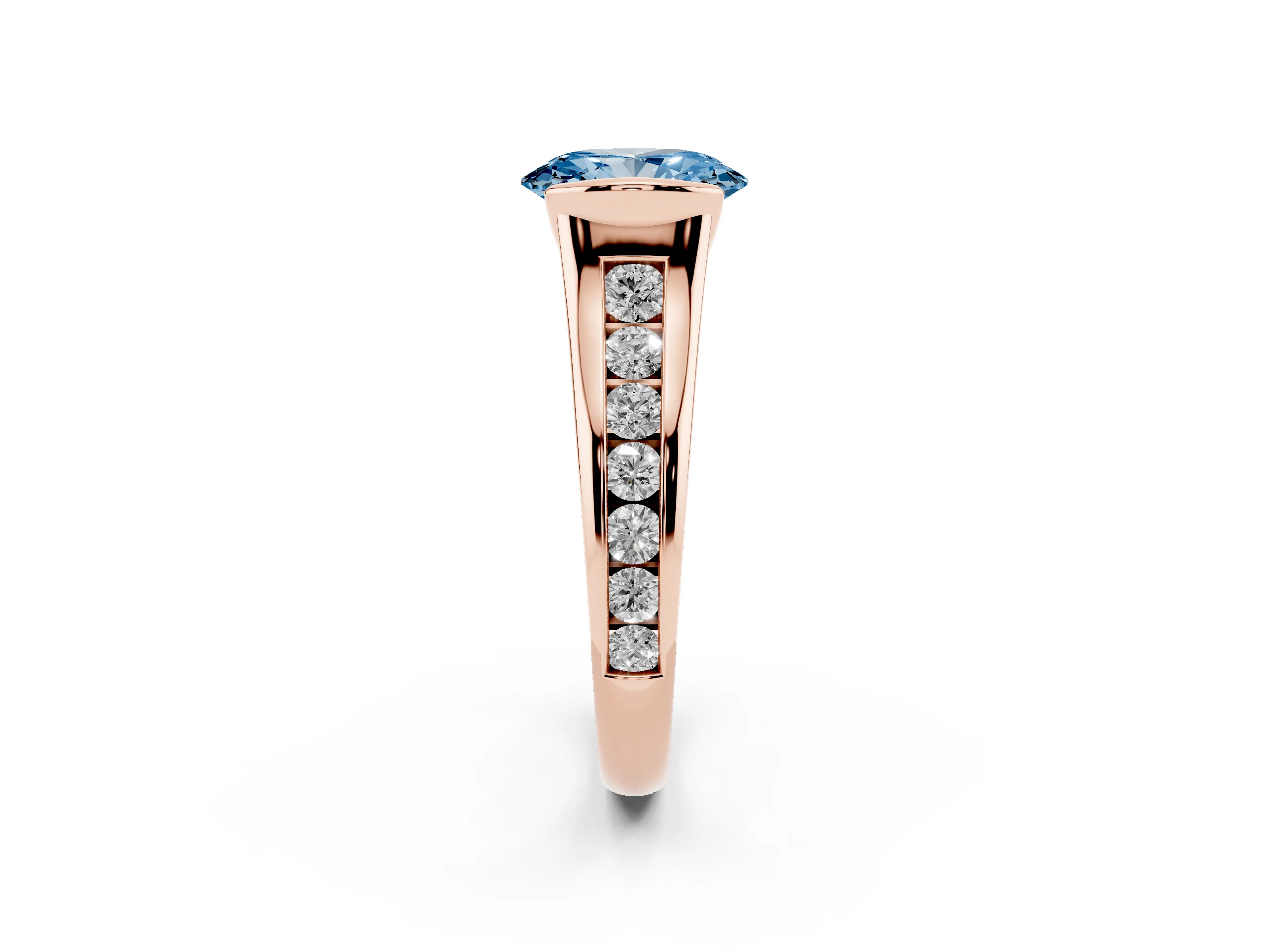 Fancy Blue Oval Cut Diamond Bezel-Set Solitaire Ring Set in Rose gold with Channel-Set Band