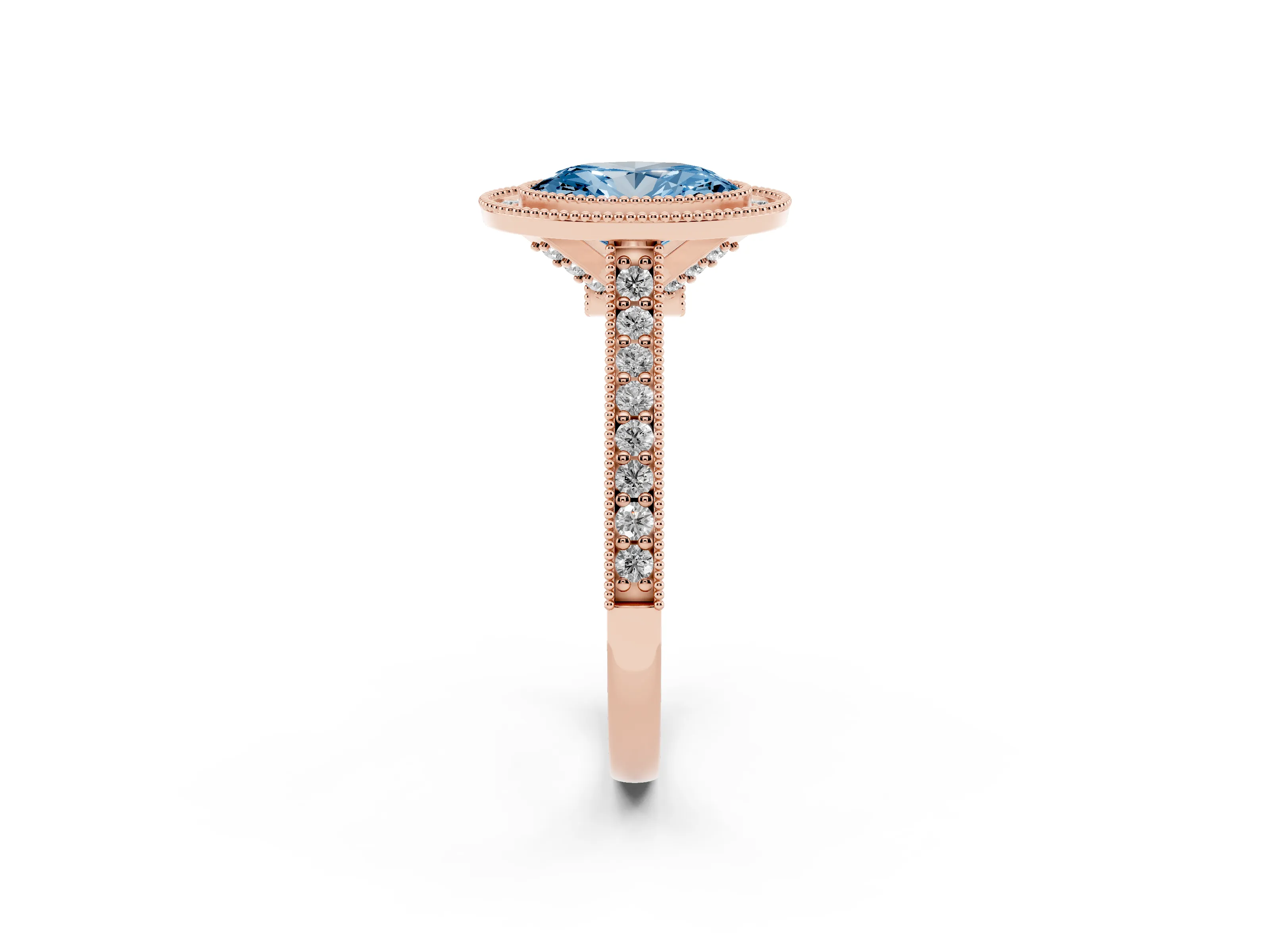 Fancy Blue Oval Cut Diamond Halo Milgrain Pavé Band Ring Set in Rose gold with Prong Setting