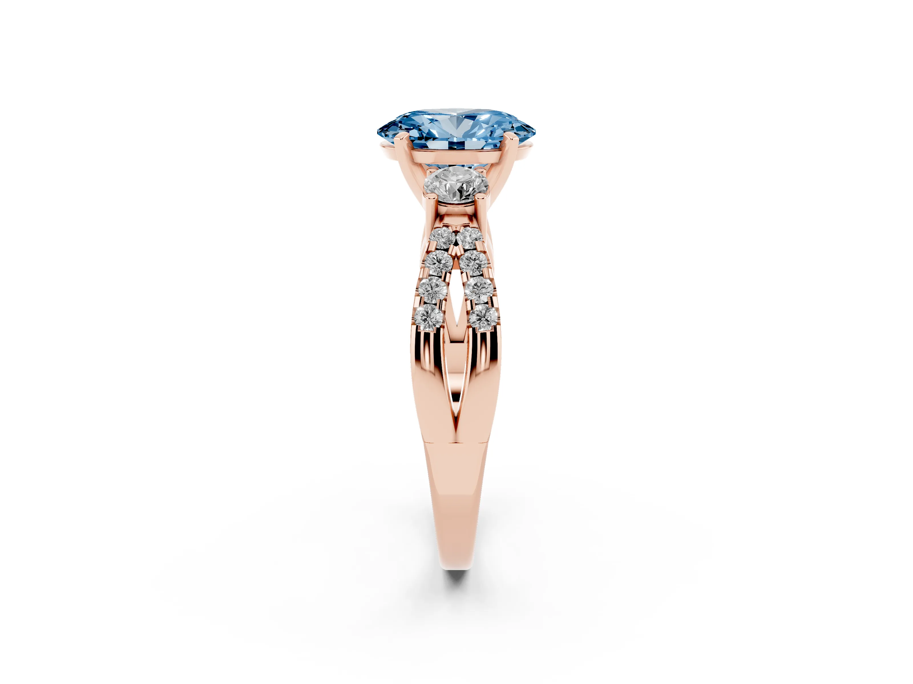 Fancy Blue Oval Cut Diamond Three-Stone Ring Set in Rose gold with Pavé Split Shank and Prong Setting