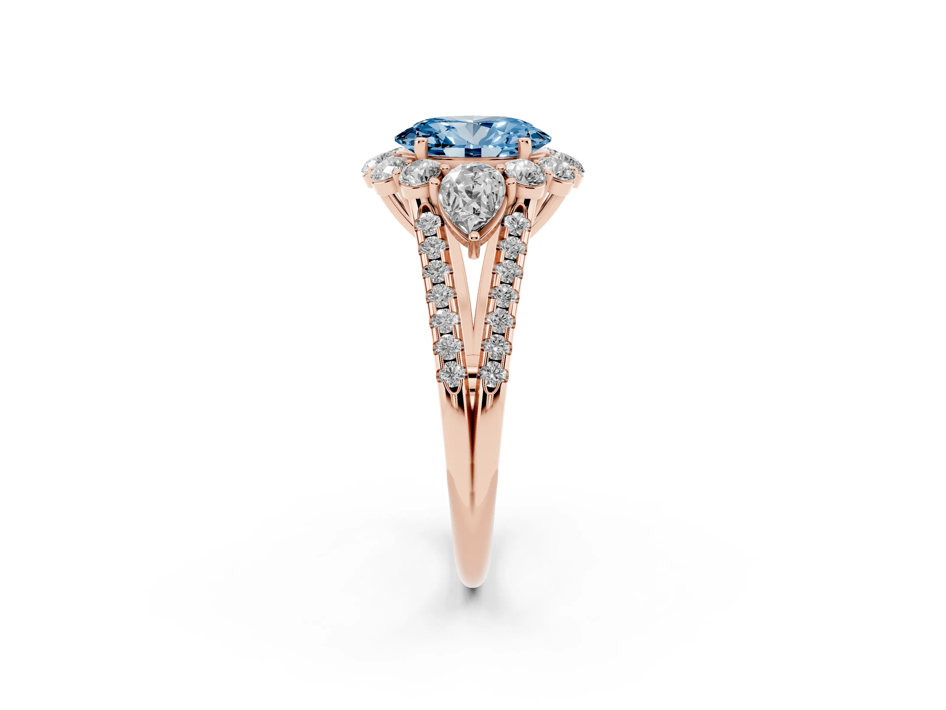 Fancy Blue Oval Cut Diamond Halo Split Shank Engagement Ring Set in Rose gold with Prong-Held Center Stone