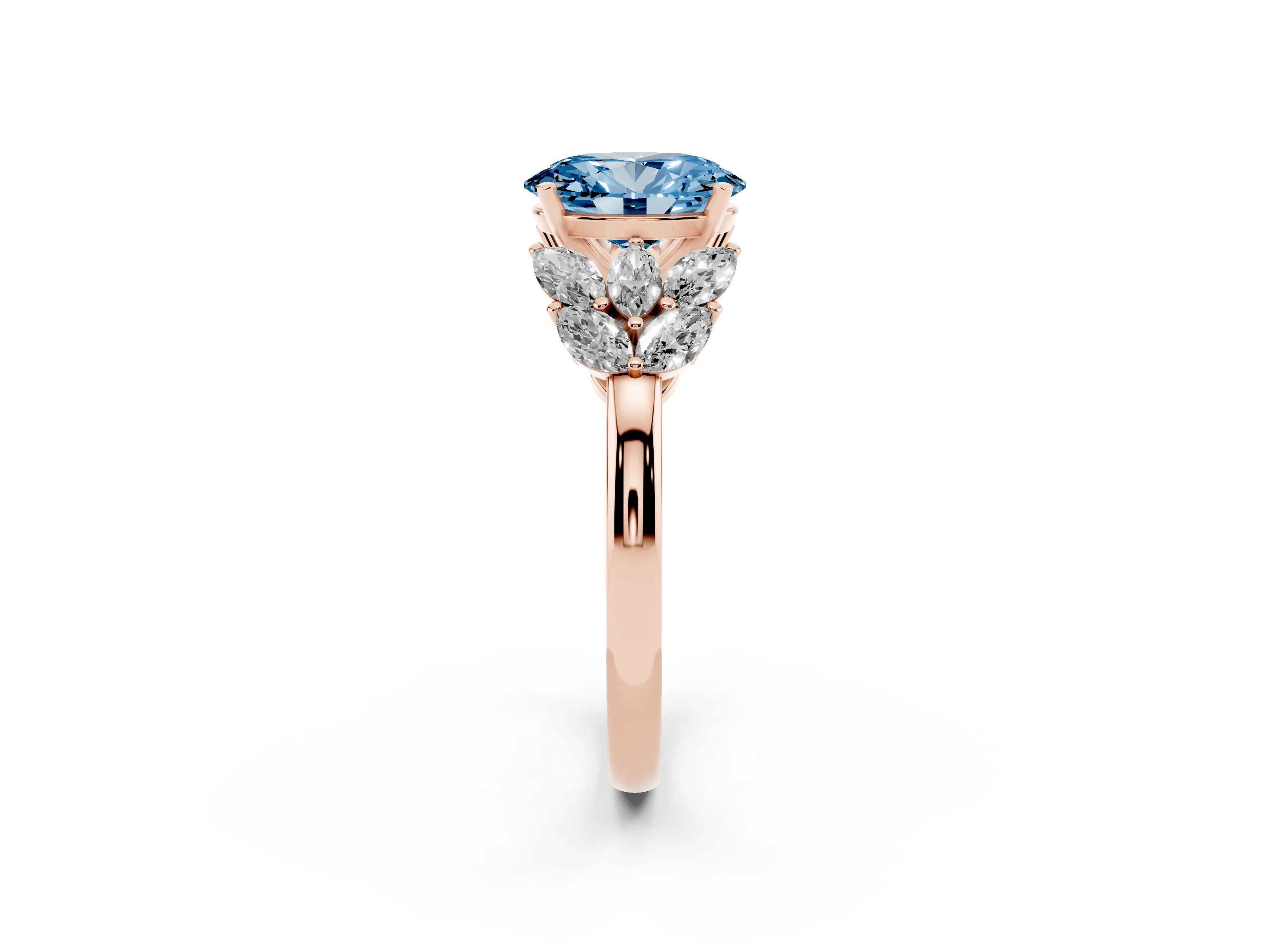Fancy Blue Oval Cut Diamond Cluster Leaf Design Ring Set in Rose gold with Prong Setting