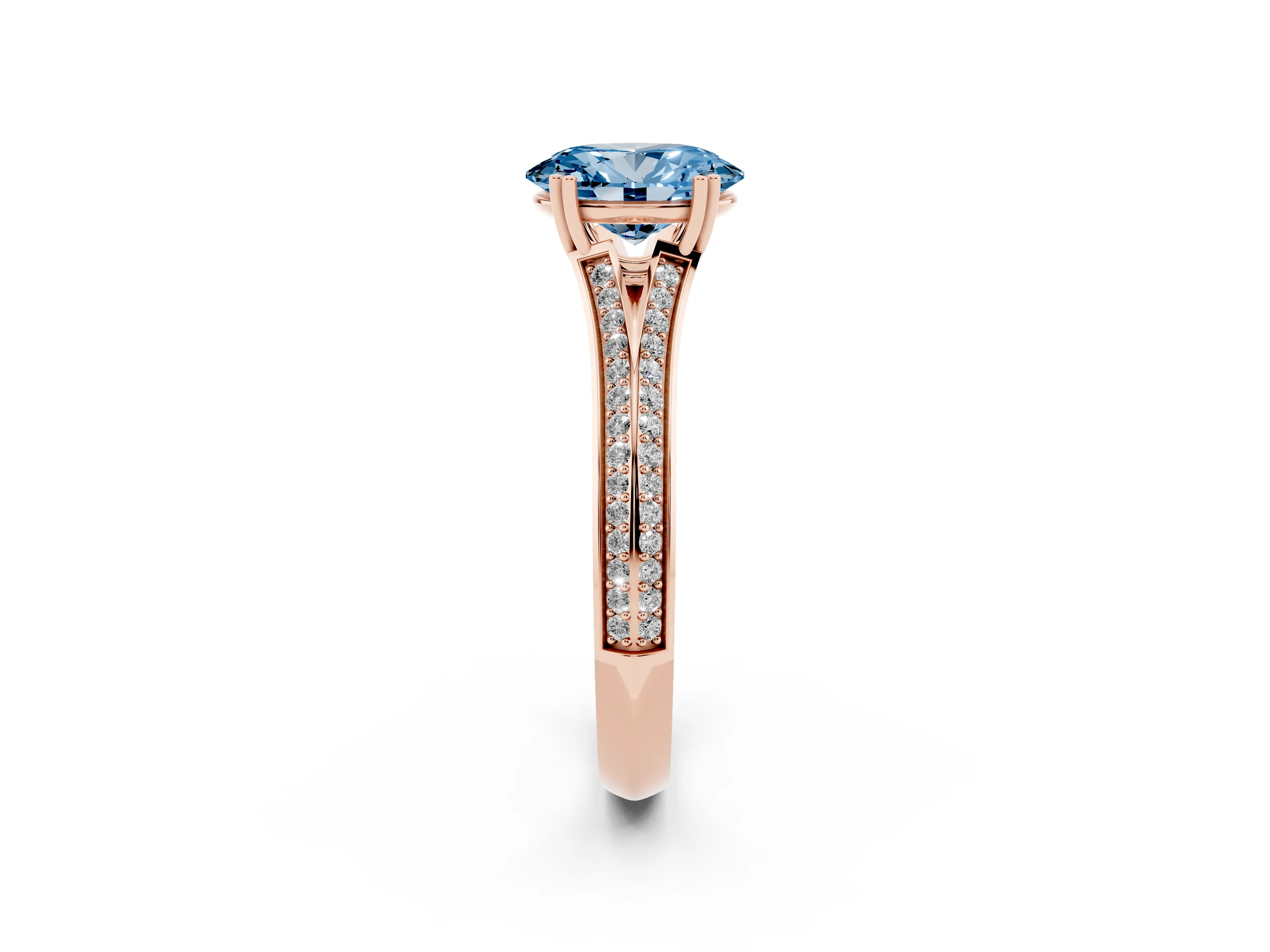 Fancy Blue Oval Cut Diamond Split Shank Pavé Engagement Ring Set in Rose gold with Prong-Set Center Stone