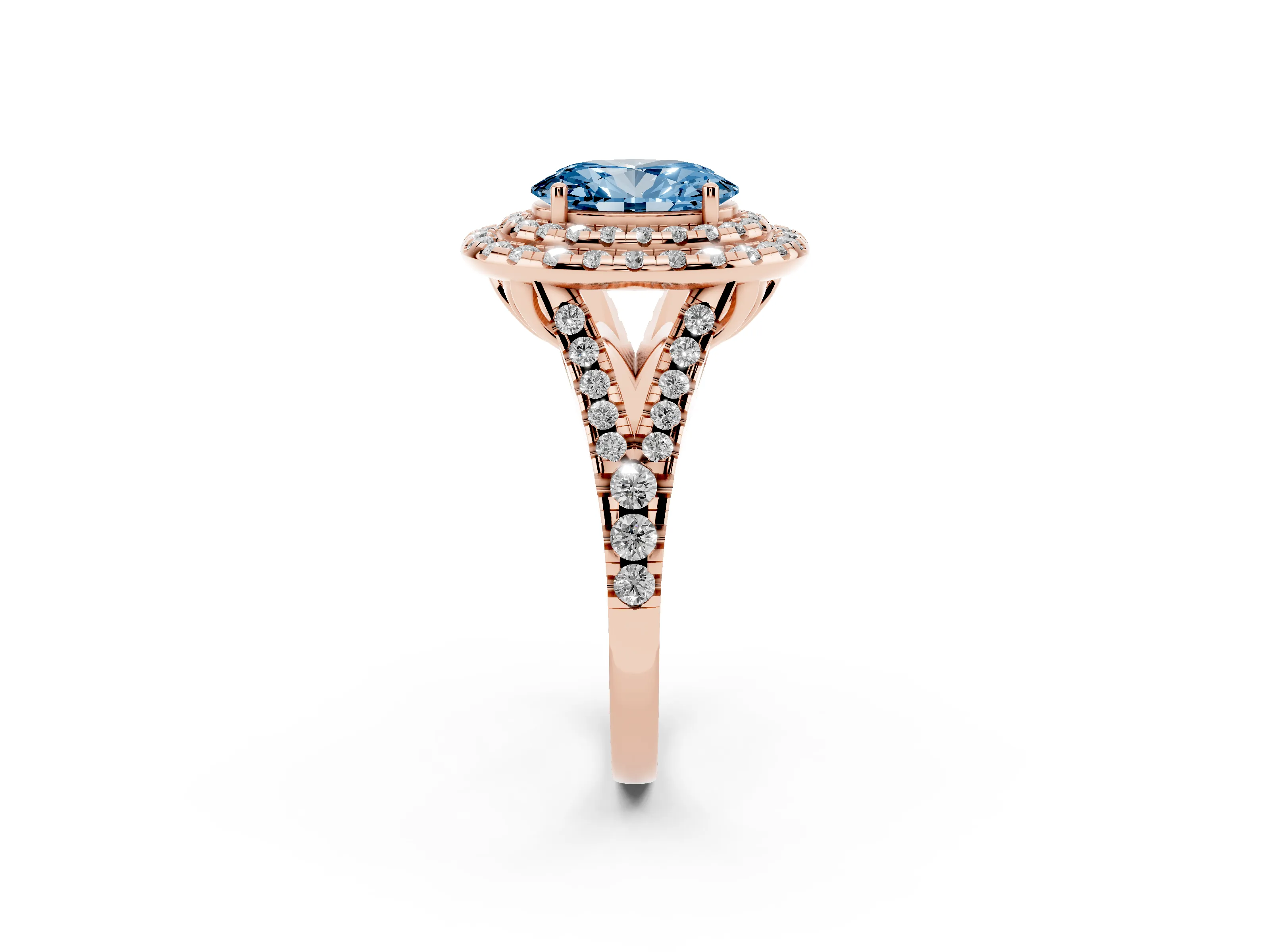 Fancy Blue Oval Cut Diamond Double Halo Ring Set in Rose gold with Pavé Split Shank and Prong Setting