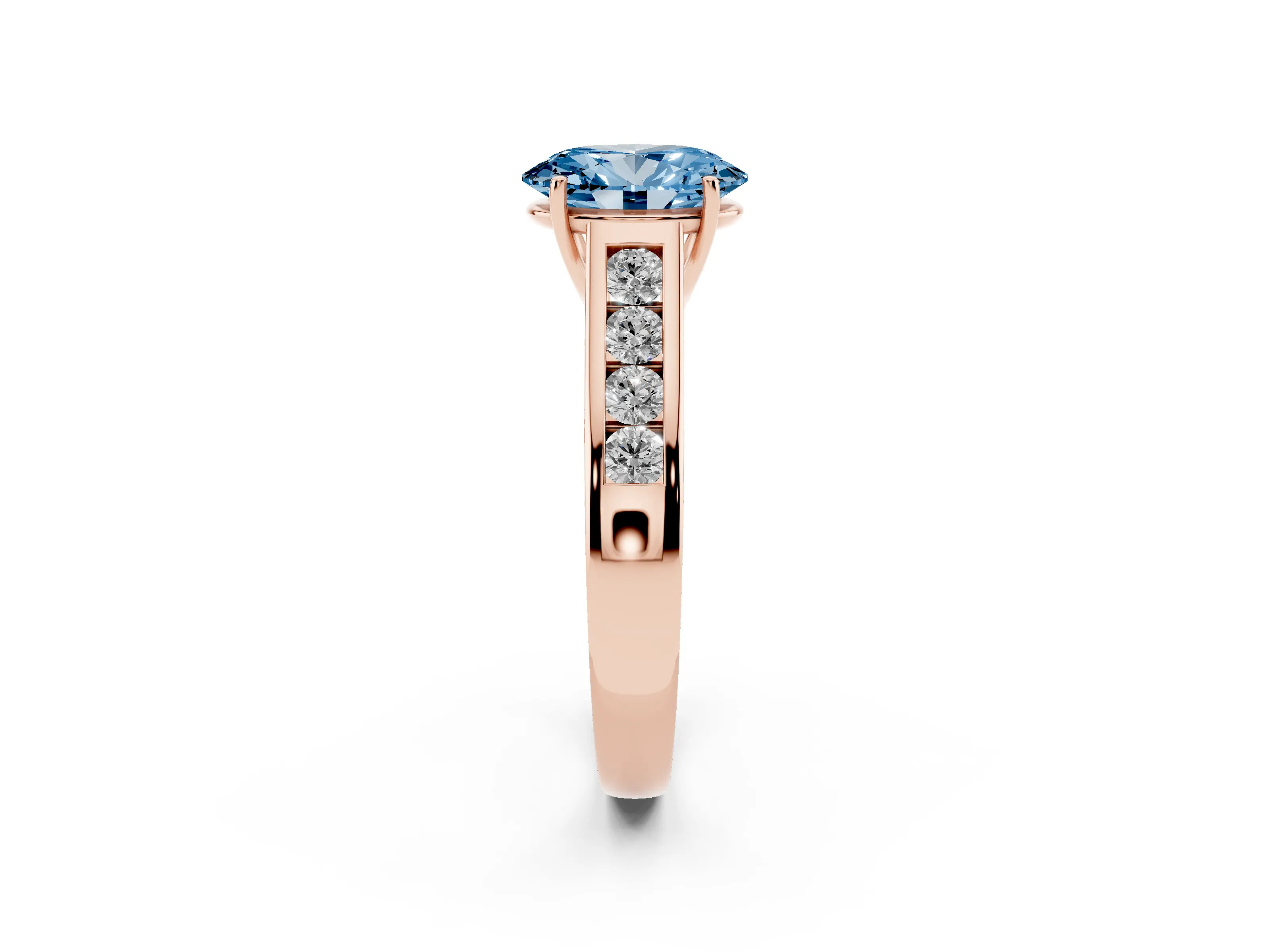 Fancy Blue Oval Cut Diamond Solitaire Channel-Set Engagement Ring Set in Rose gold with Prong Setting