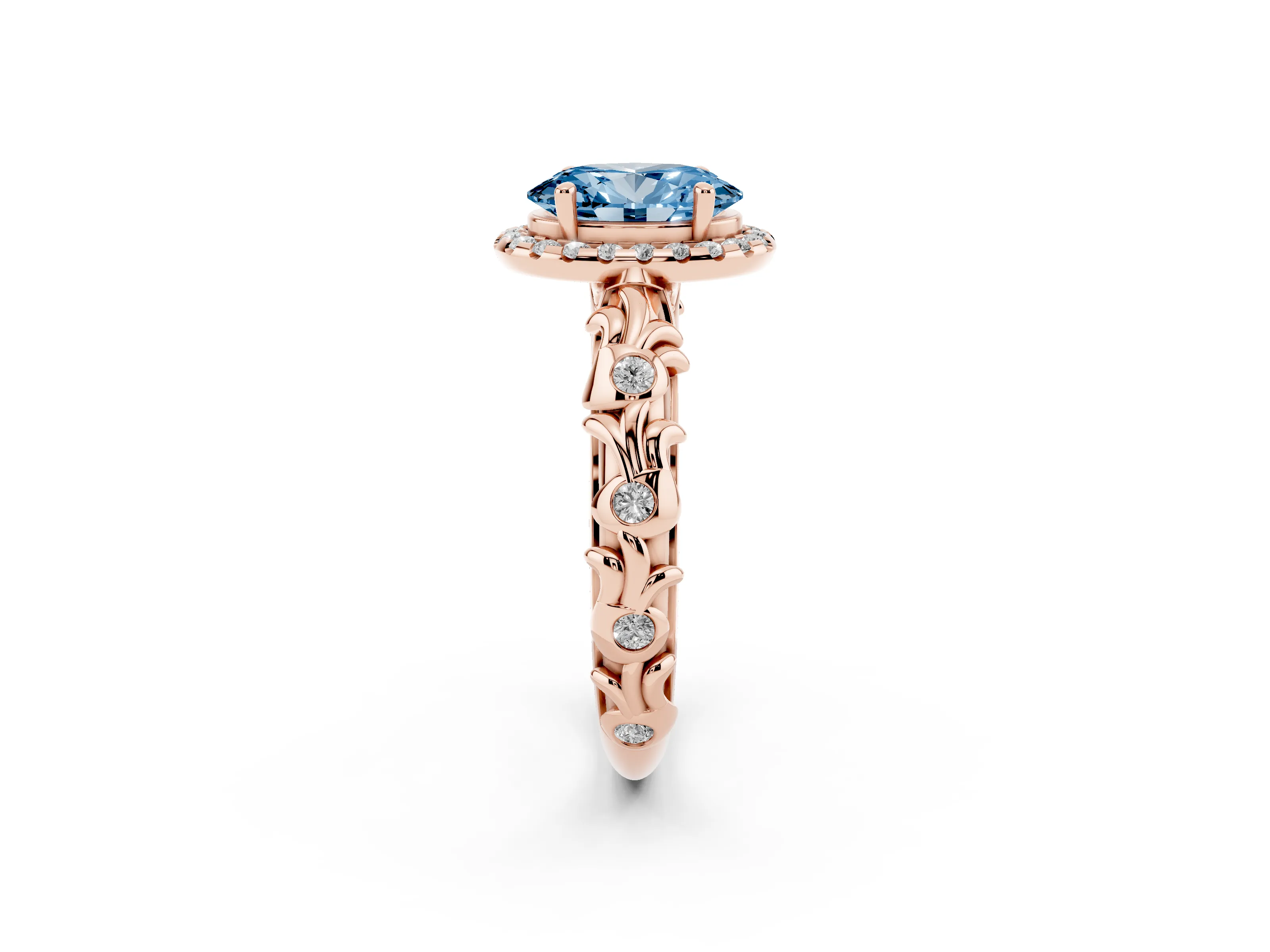 Fancy Blue Oval Cut Diamond Halo Ring Set in Rose gold with Filigree Leaf Band and Prong Setting