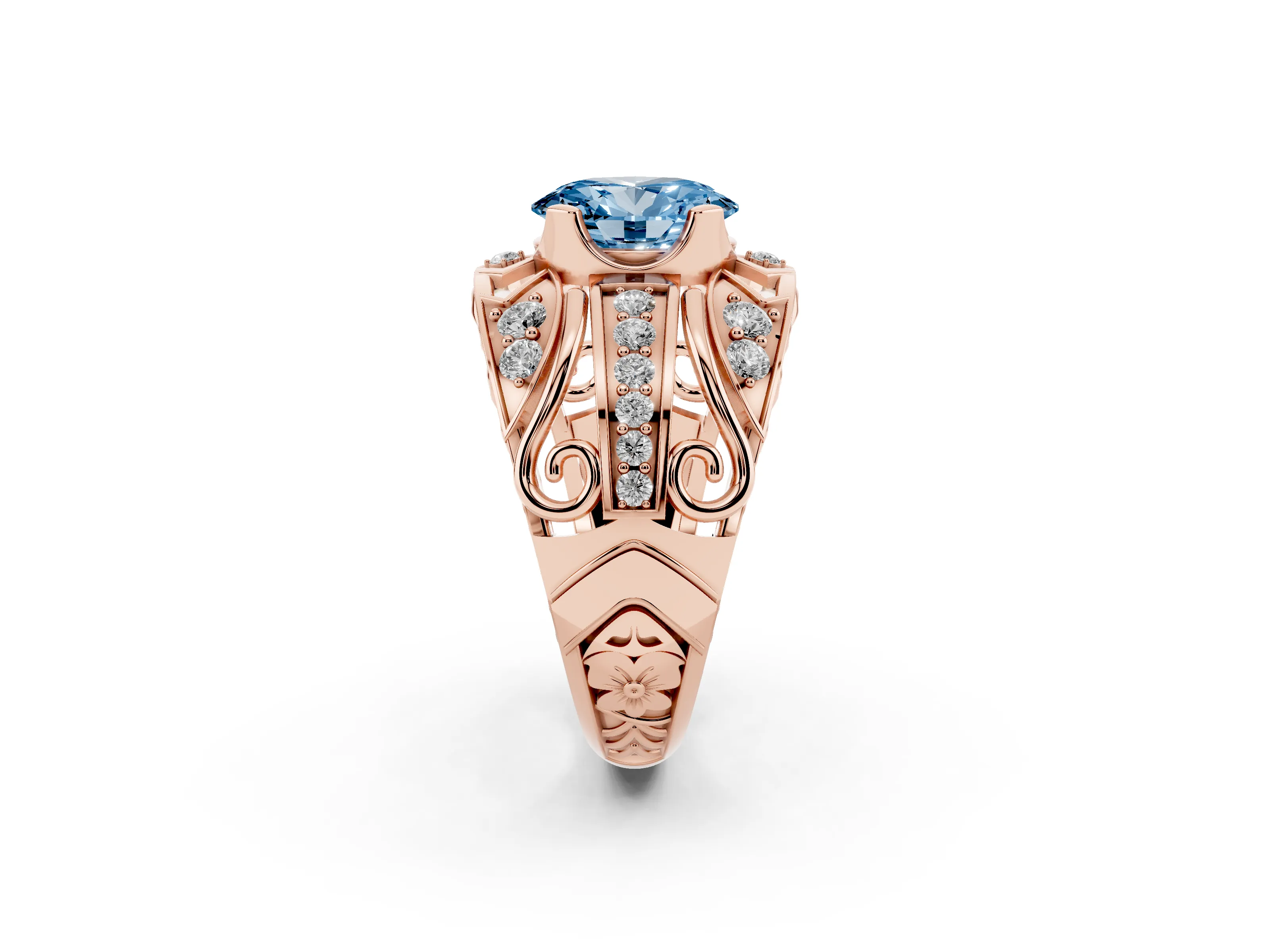 Fancy Blue Oval Cut Diamond Art Deco Ring Set in Rose gold with Pavé Split Shank
