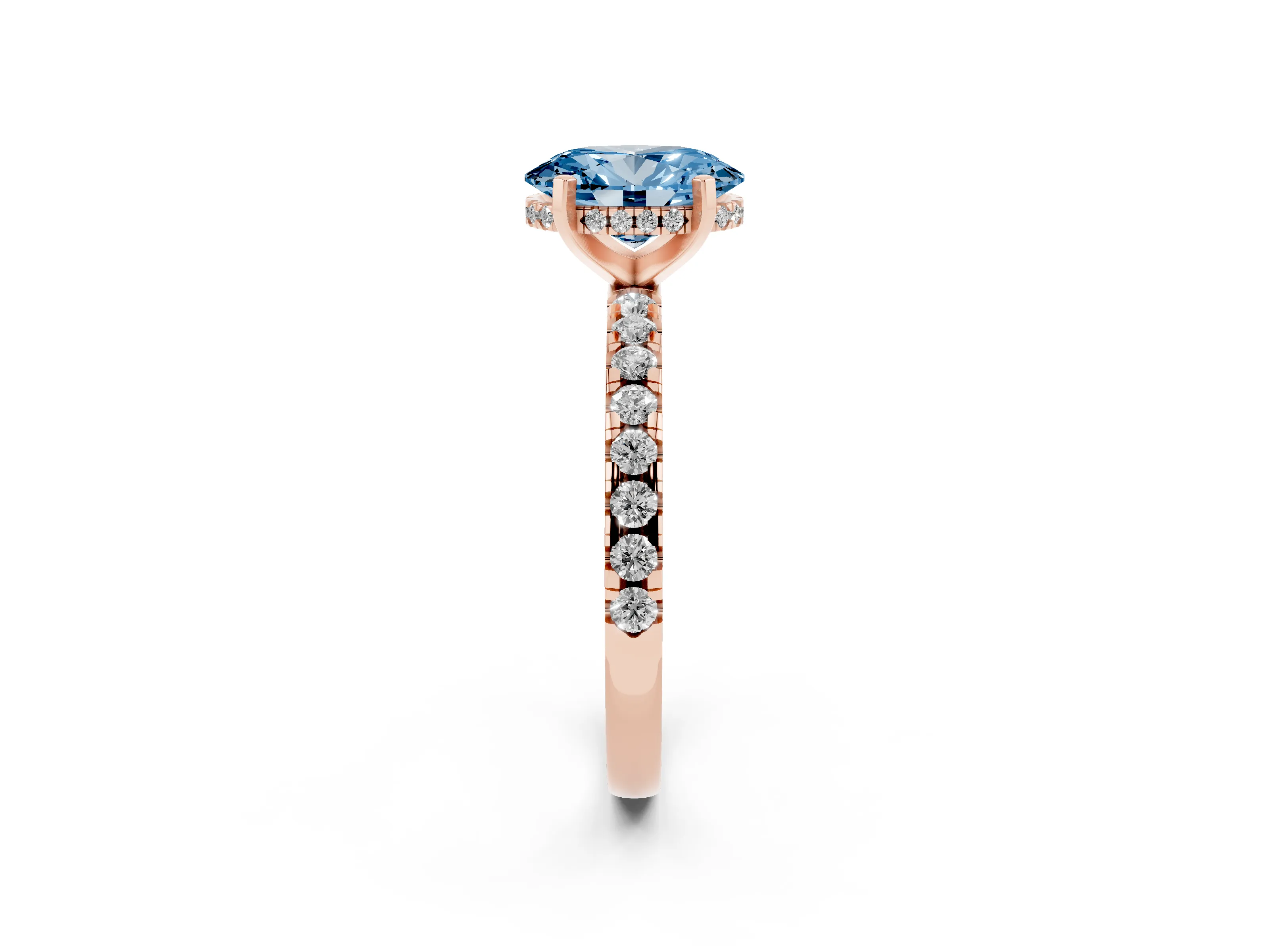 Fancy Blue Oval Cut Diamond Pavé Solitaire Ring Set in Rose gold with Round Band Accents and Prong Setting
