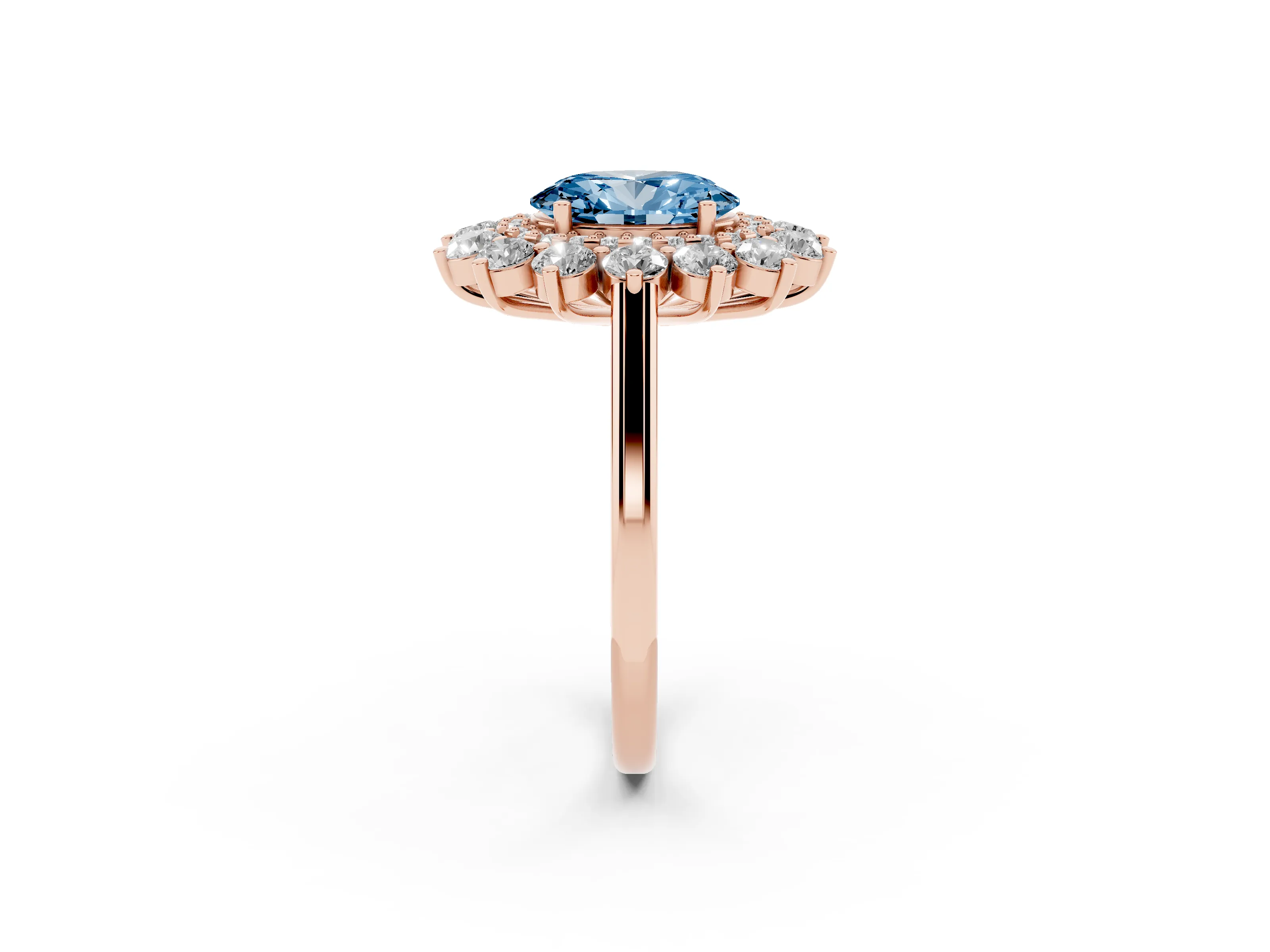 Fancy Blue Oval Cut Diamond Floral Double Halo Ring Set in Rose gold with Round Petals