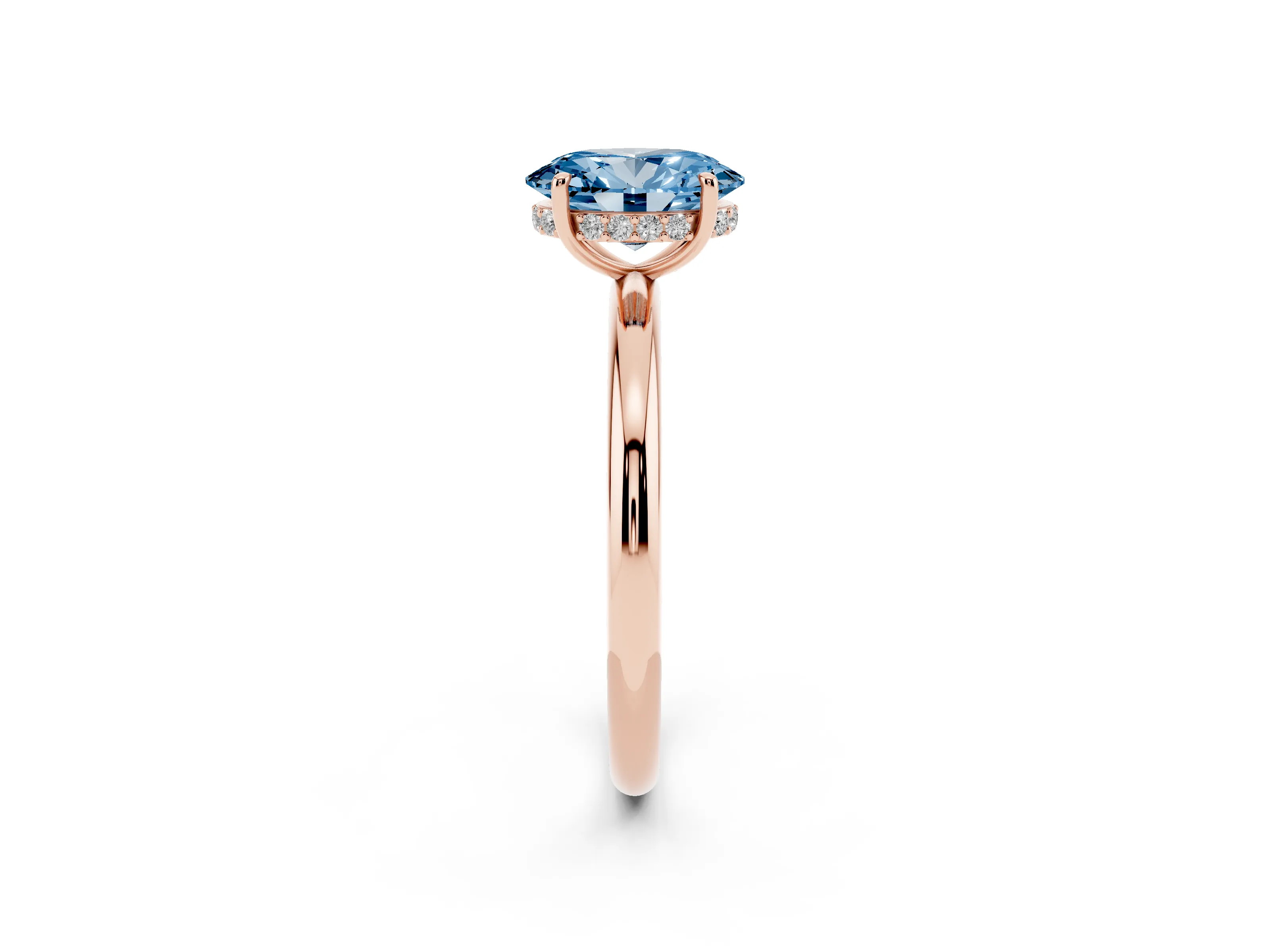 Fancy Blue Oval Cut Diamond Solitaire Ring Set in Rose gold with Thin Band and Prong Setting