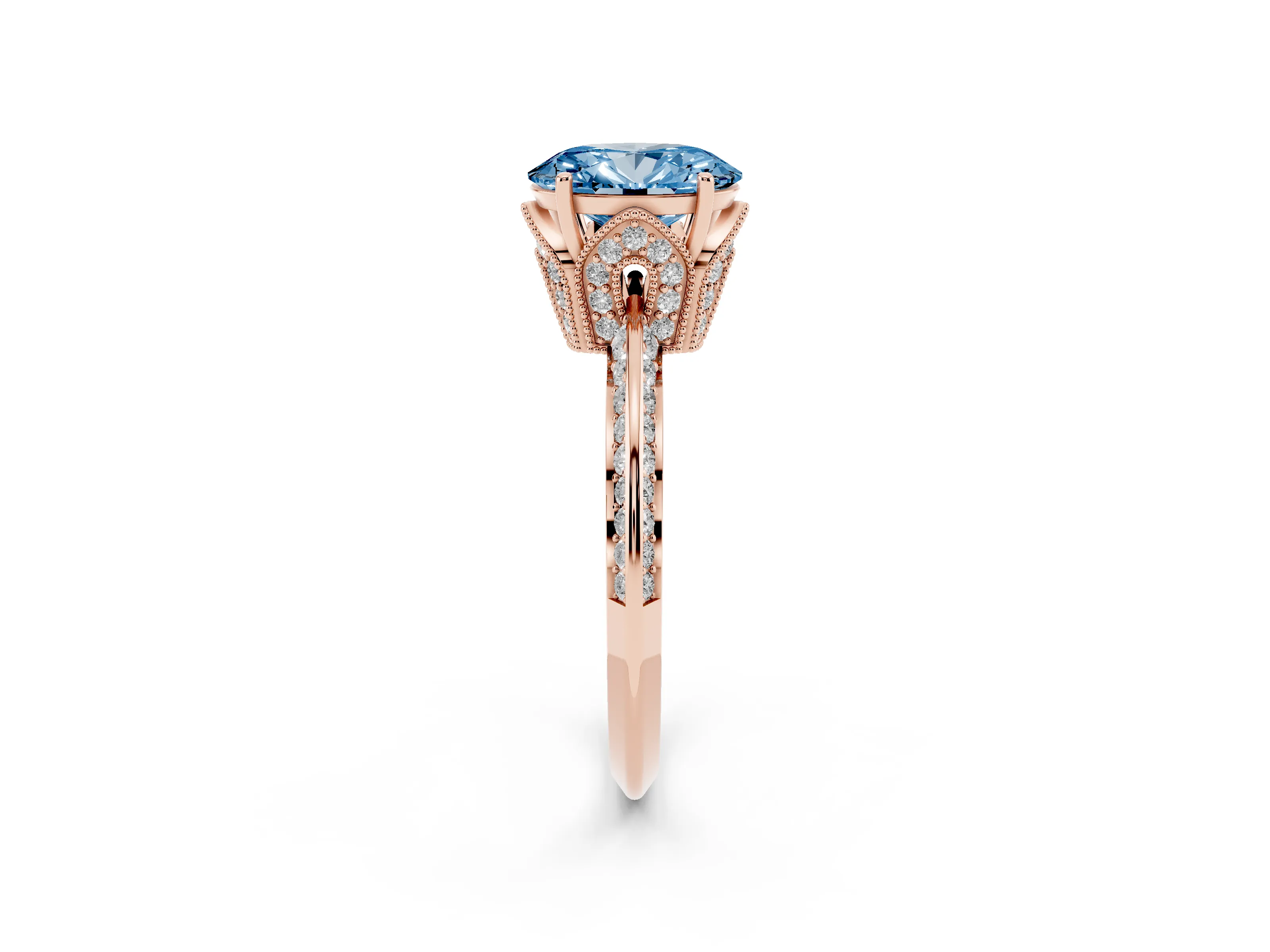 Fancy Blue Oval Cut Diamond Solitaire Engagement Ring Set in Rose gold with Pavé Split Shank and Prong Setting