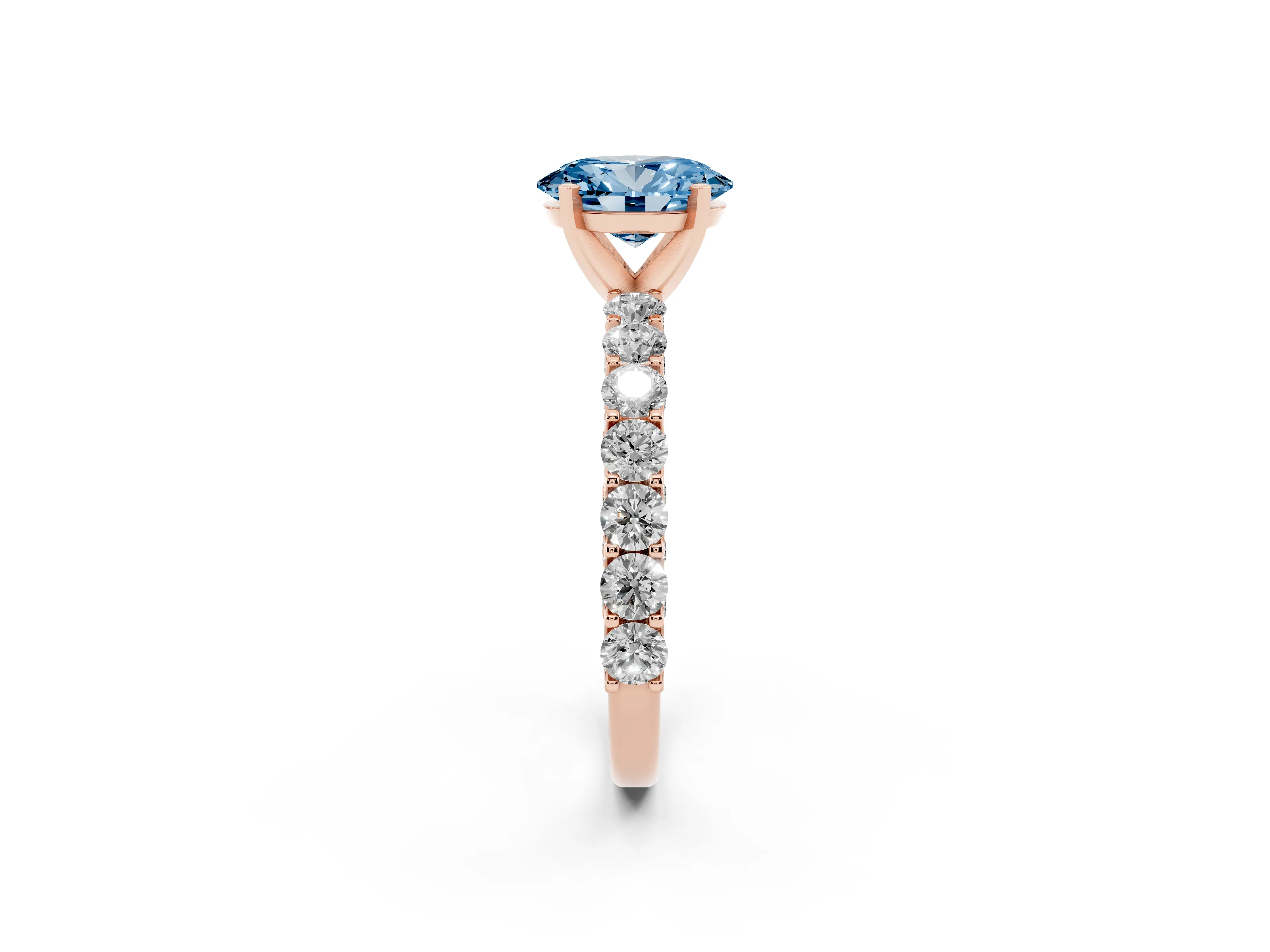 Fancy Blue Oval Cut Diamond Solitaire Ring Set in Rose gold with Shared Prong Pavé Band
