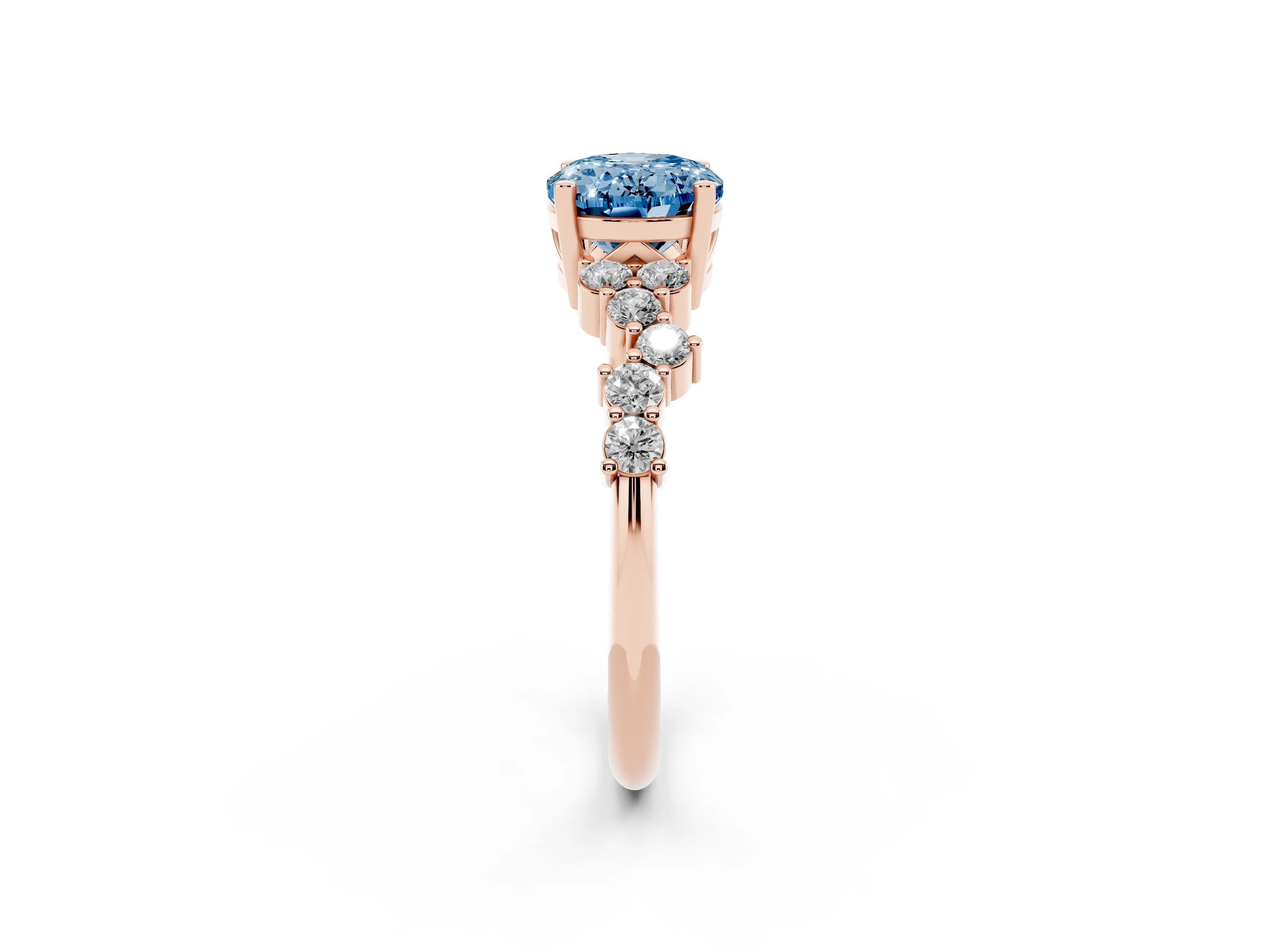 Fancy Blue Oval Cut Diamond Ring Set in Rose gold with Scattered Round Accents