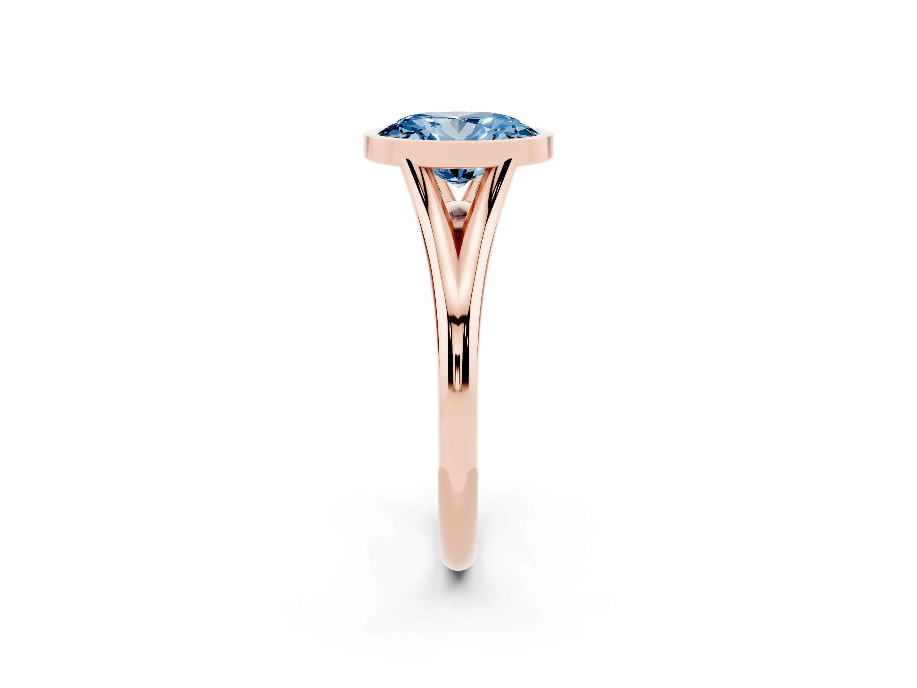 Fancy Blue Bezel Set Oval Cut Diamond Solitaire Ring Set in Rose gold with Tapered Band