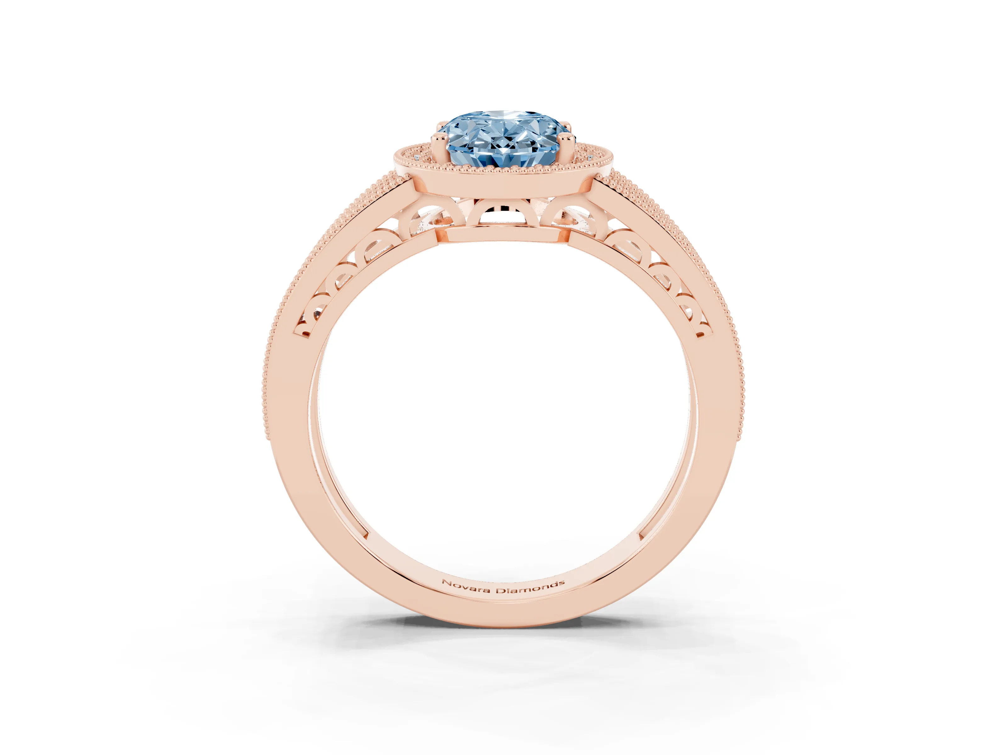 Fancy Blue Oval Cut Diamond Halo Ring Set in Rose gold with Accent Split Shank and Prong Setting