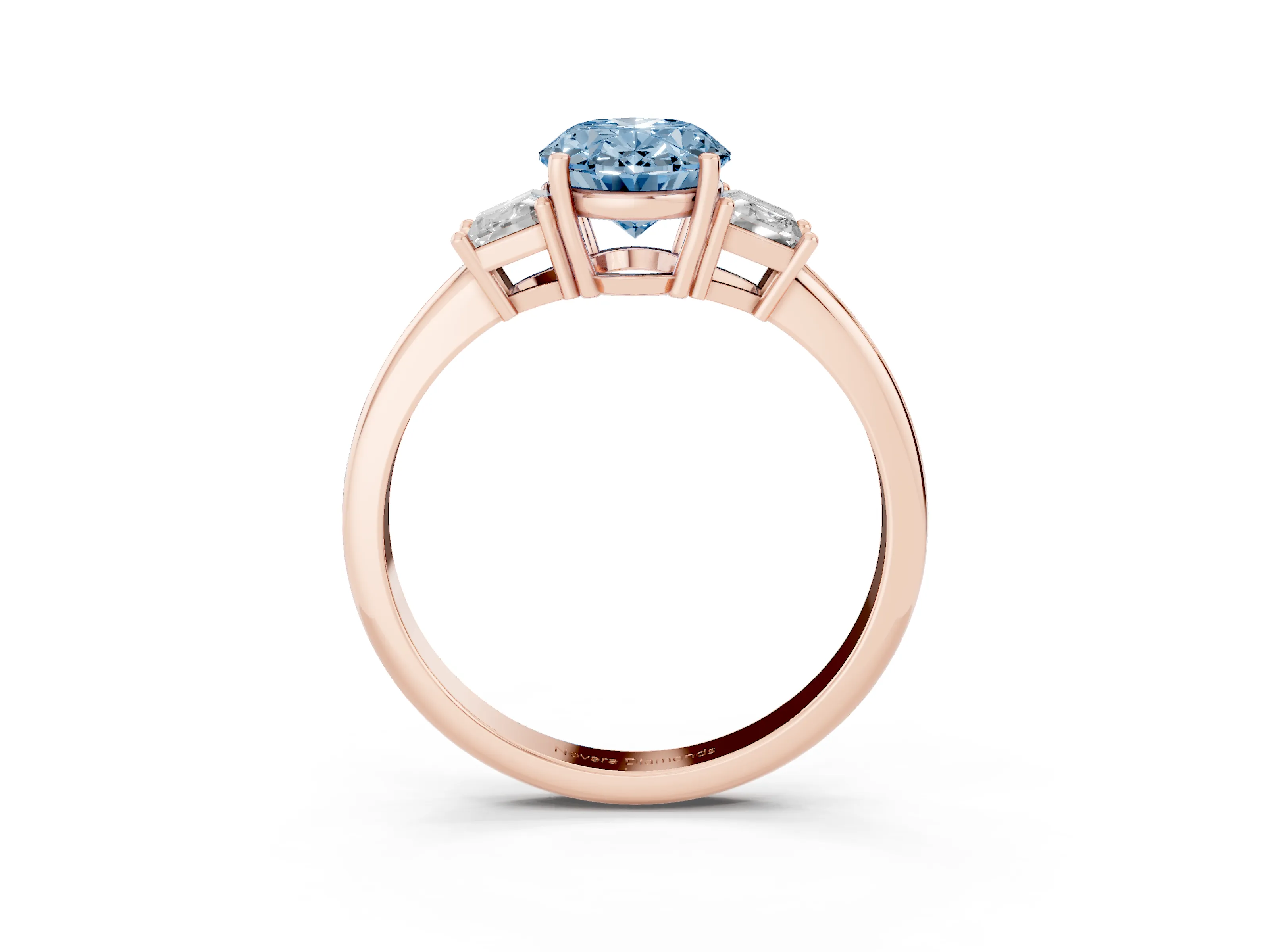Fancy Blue Oval Cut Diamond Three-Stone Ring Set in Rose gold with Trapezoid Side Stones and Prong Setting