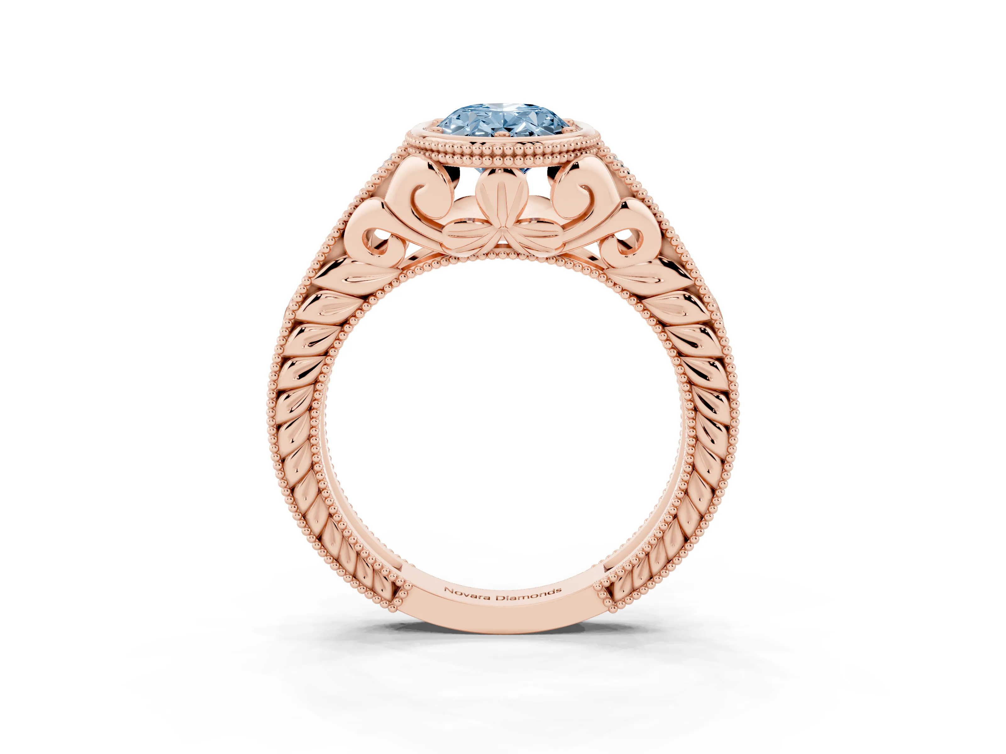 Fancy Blue Bezel Set Oval Cut Diamond Milgrain Pavé Engagement Ring Set in Rose gold
