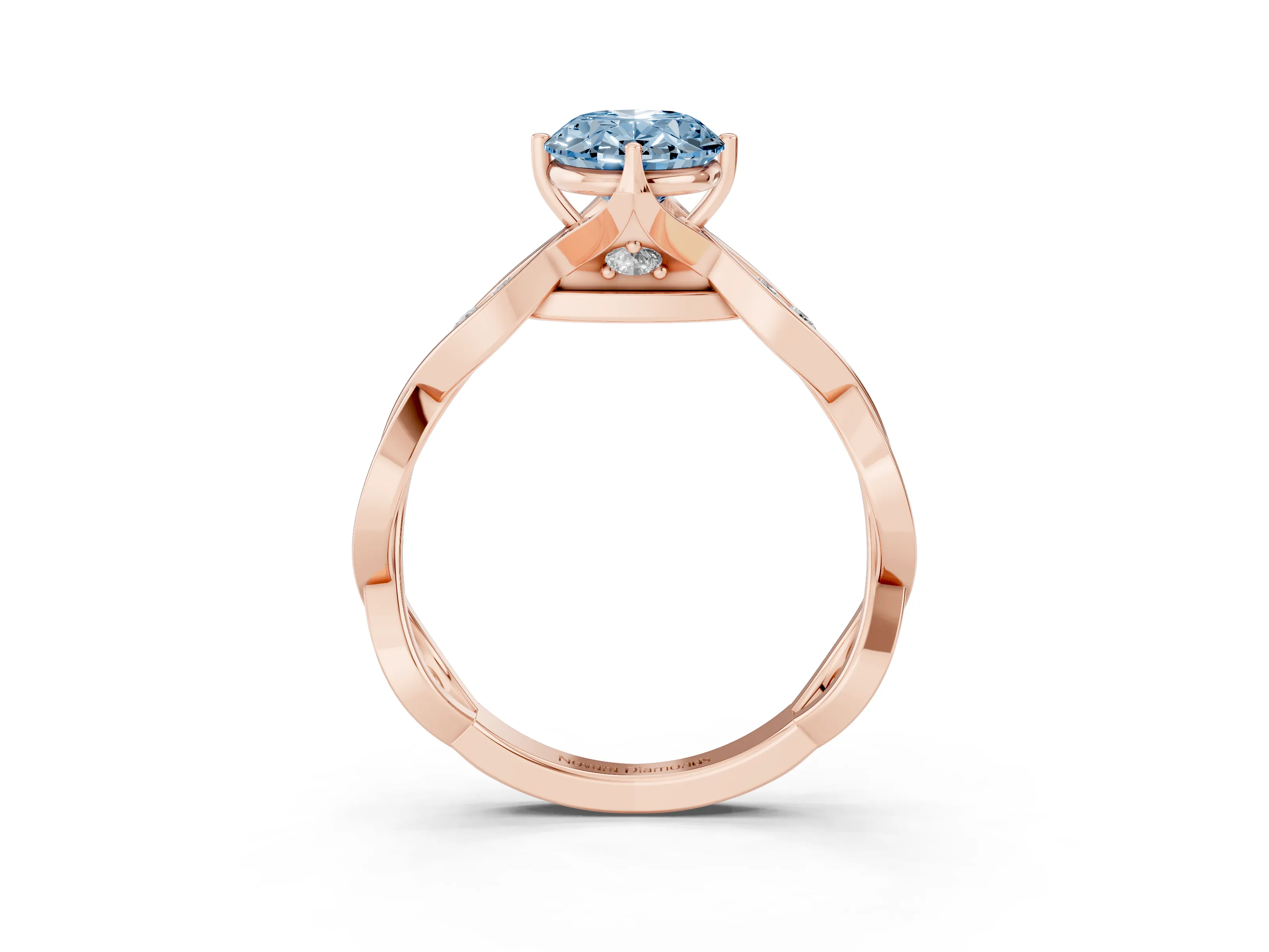 Fancy Blue Oval Cut Diamond Twist Band Solitaire Ring Set in Rose gold with Leaf Prong Setting and Accent Stones