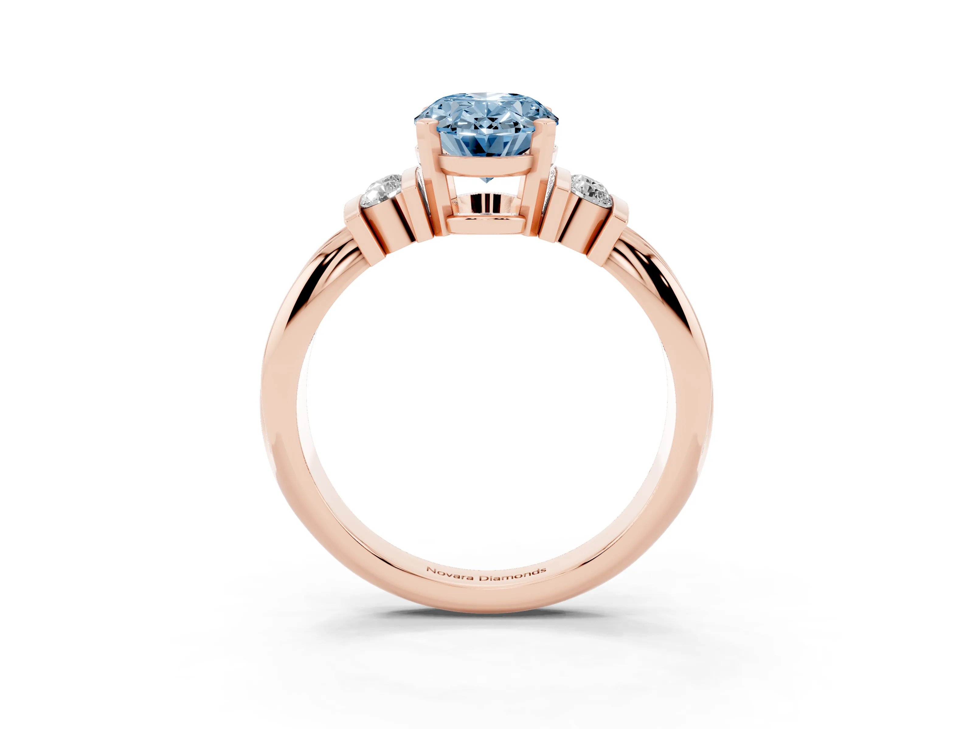 Fancy Blue Three-Stone Oval Cut Diamond Channel Set Ring Set in Rose gold with Bar Prongs