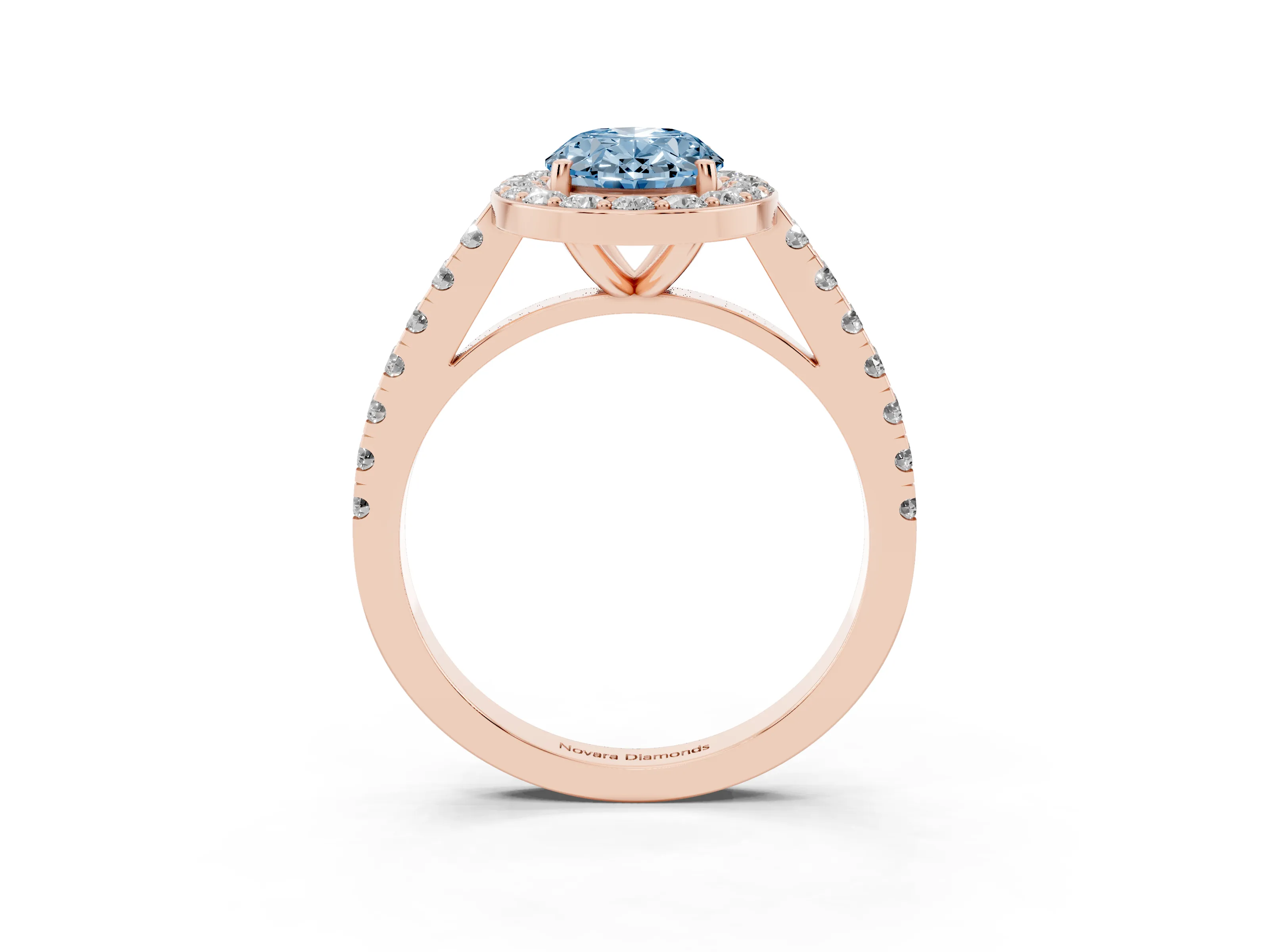 Fancy Blue Oval Cut Diamond Halo Ring Set in Rose gold with Round Pavé Split Shank and Prong Setting